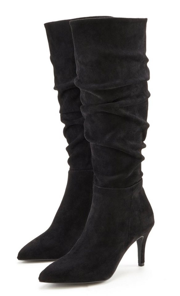Lascana Reißverschlussstiefel mit modischer Raffung, Langschaft, High-Heel Stiefelette,Slouchy Boots (schwarz)