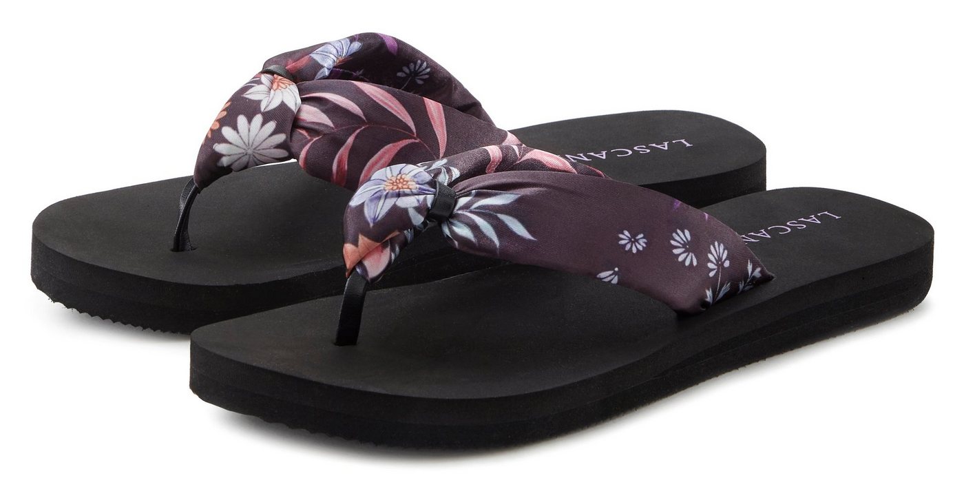 Lascana Sandale, Badeschuh, Pantolette, Badelatsche, Flip Flop, Sommerschuh, Badezehentrenner Zehentrenner ultraleicht mit softem Band VEGAN (geblümt)