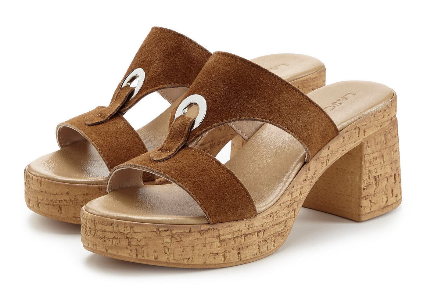 Lascana Sandale, Mule, offener Schuh, Sommerschuh, Pantolette aus Leder mit Blockabsatz in Kork-Optik (braun)