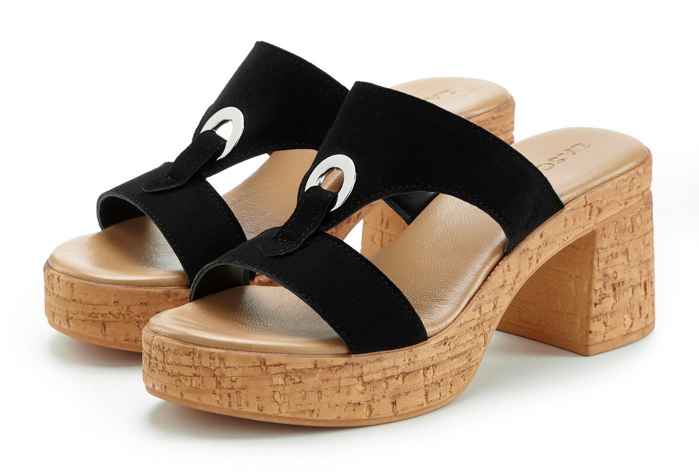 Lascana Sandale, Mule, offener Schuh, Sommerschuh, Pantolette aus Leder mit Blockabsatz in Kork-Optik (schwarz)