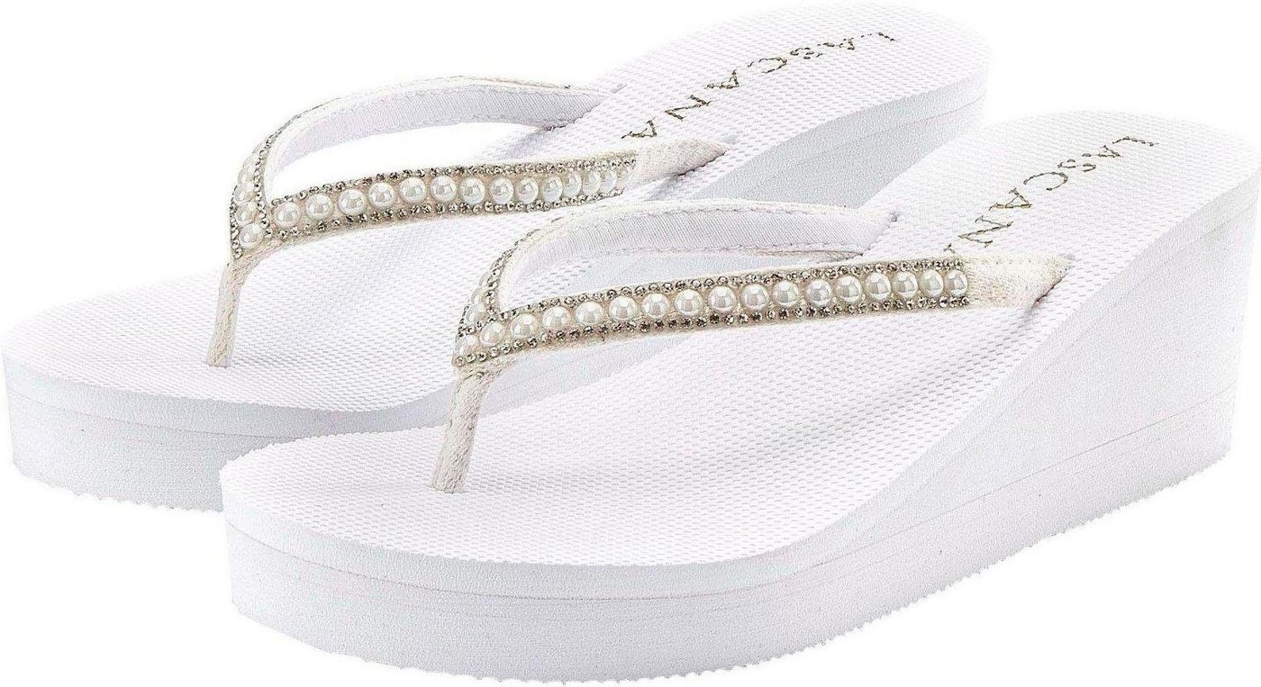 Lascana Sandale, Pantolette Badezehentrenner Badeschuh, Zehentrenner mit Keilabsatz und Perlen VEGAN