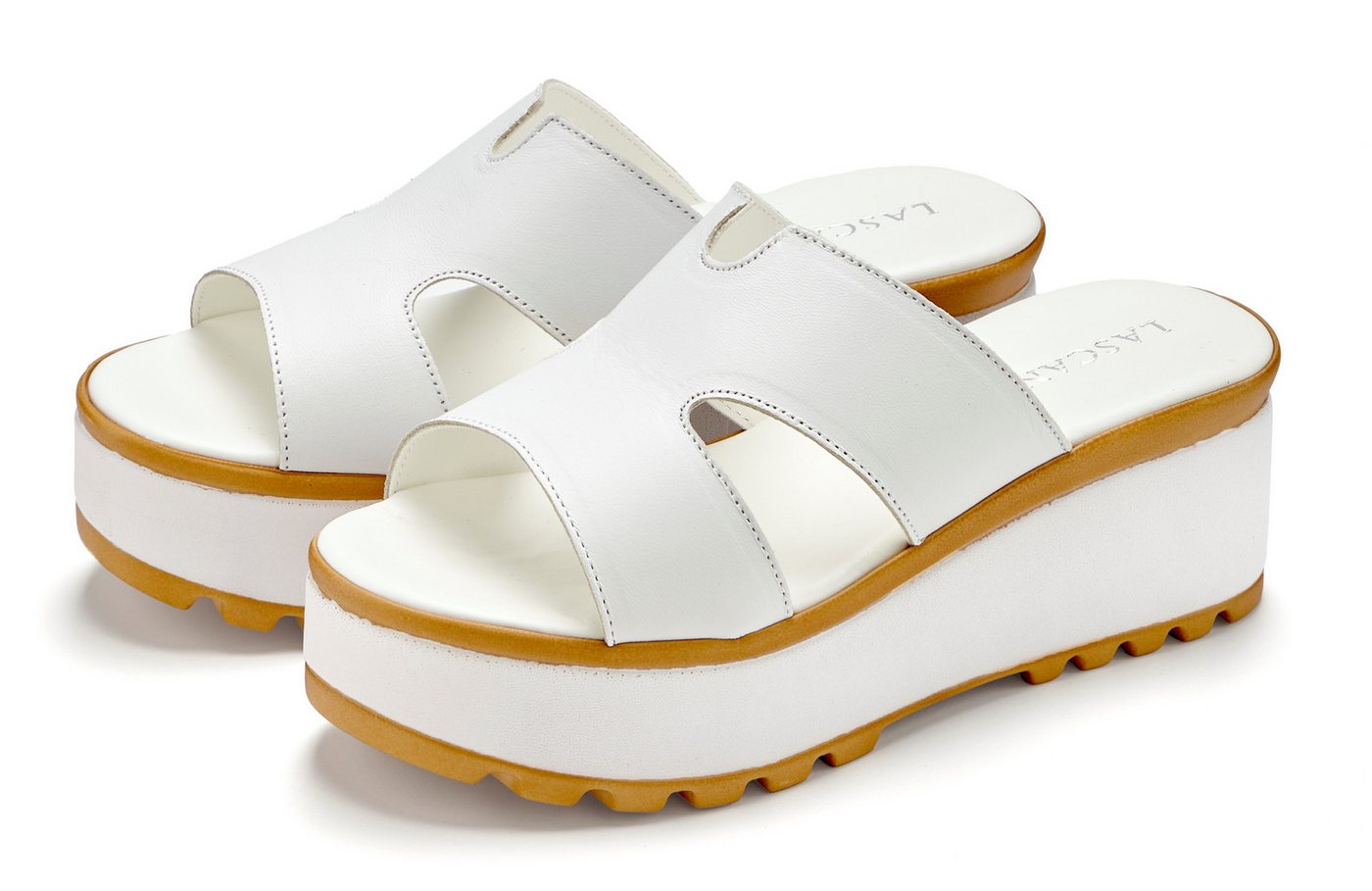 Lascana Sandale, Sommerschuh, Mule, offener Schuh, Pantolette NEU aus Leder mit Keilabsatz (weiß)