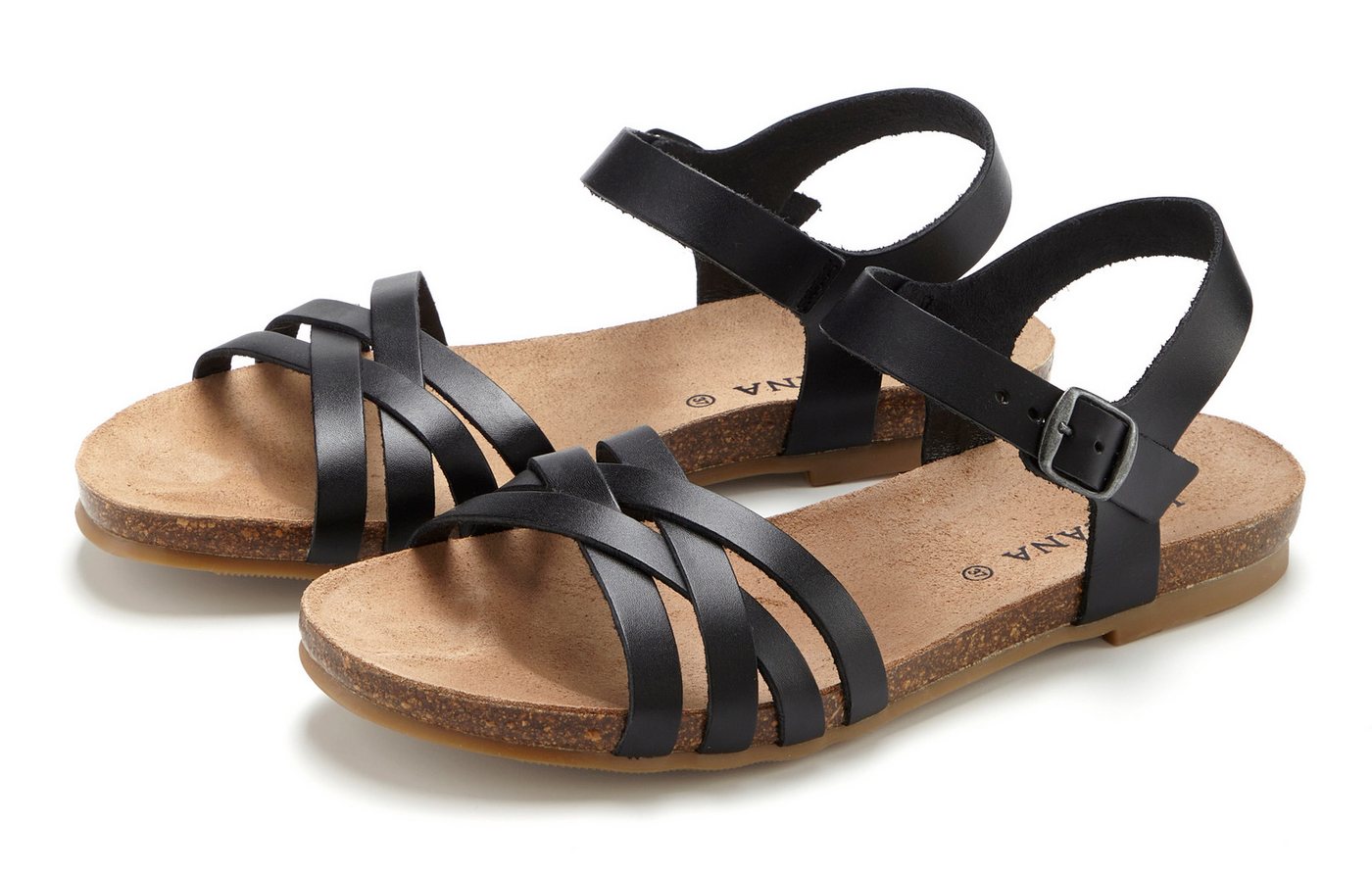Lascana Sandalette, Sommerschuh, offener Schuh, Sandale aus Leder mit Korkfußbett (schwarz)