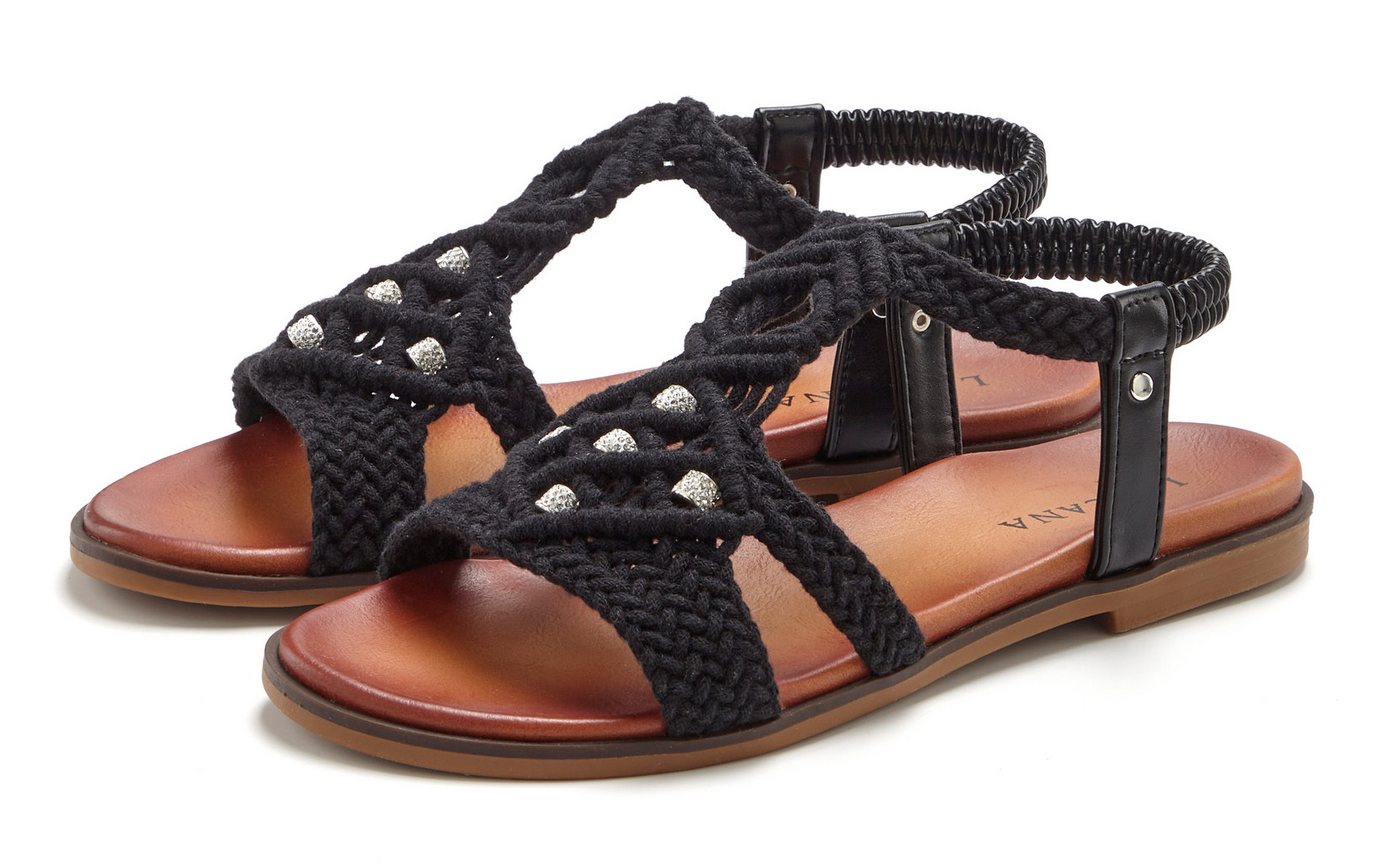 Lascana Sommerschuh, offener Schuh, Pantolette, Sandale in trendiger Häkeloptik, Glitzerdetails und elastischen Riemchen (schwarz)