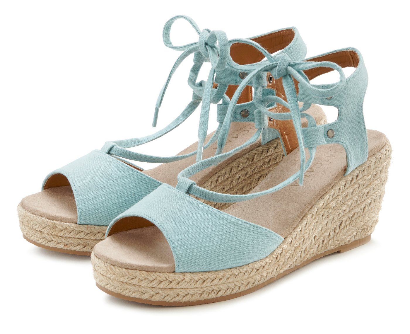Lascana Sommerschuh, offener Schuh, Sandale, Sandalette, Keilsandalette mit Keilabsatz, Bast-Optik & Schnürung VEGAN (blau)