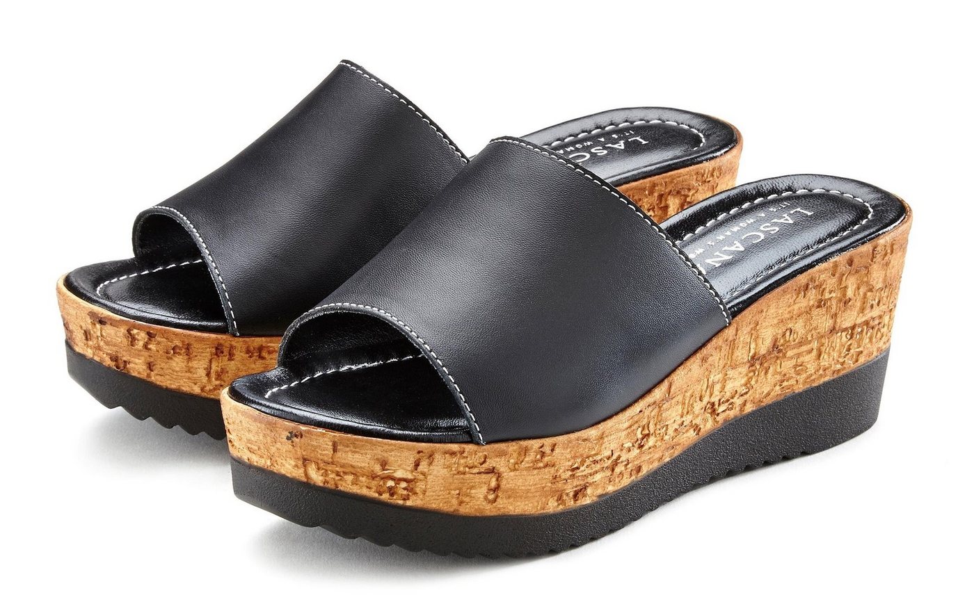 Lascana Sommerschuh, Pantolette Mule, Sandale, offener Schuh aus Leder mit Keilabsatz (schwarz)