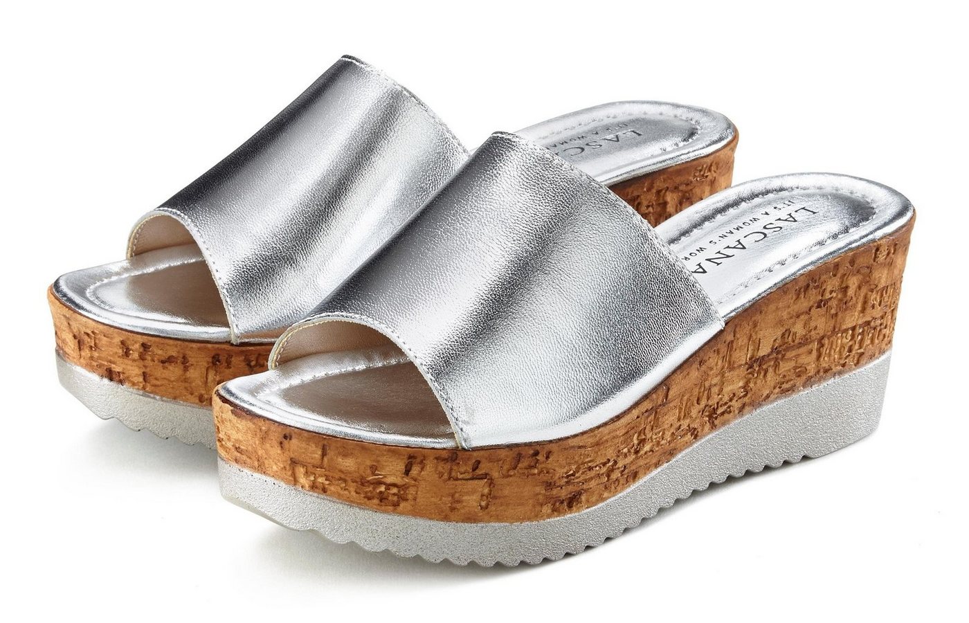 Lascana Sommerschuh, Pantolette Mule, Sandale, offener Schuh aus Leder mit Keilabsatz (silber)