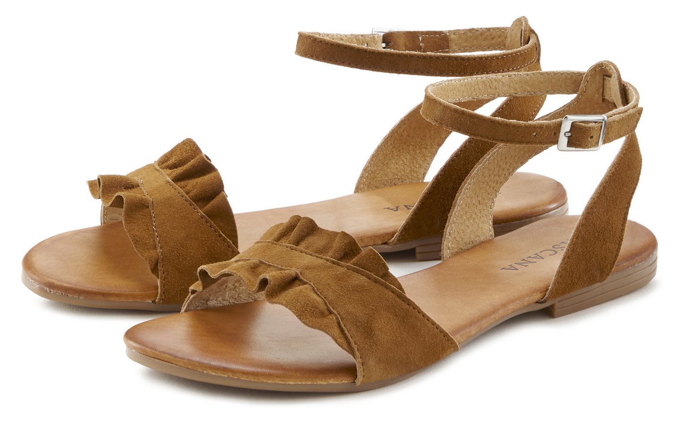Lascana Sommerschuh Sandale Sandalette, Sommerschuh aus hochwertigem Leder mit kleinen Rüschen (beige)