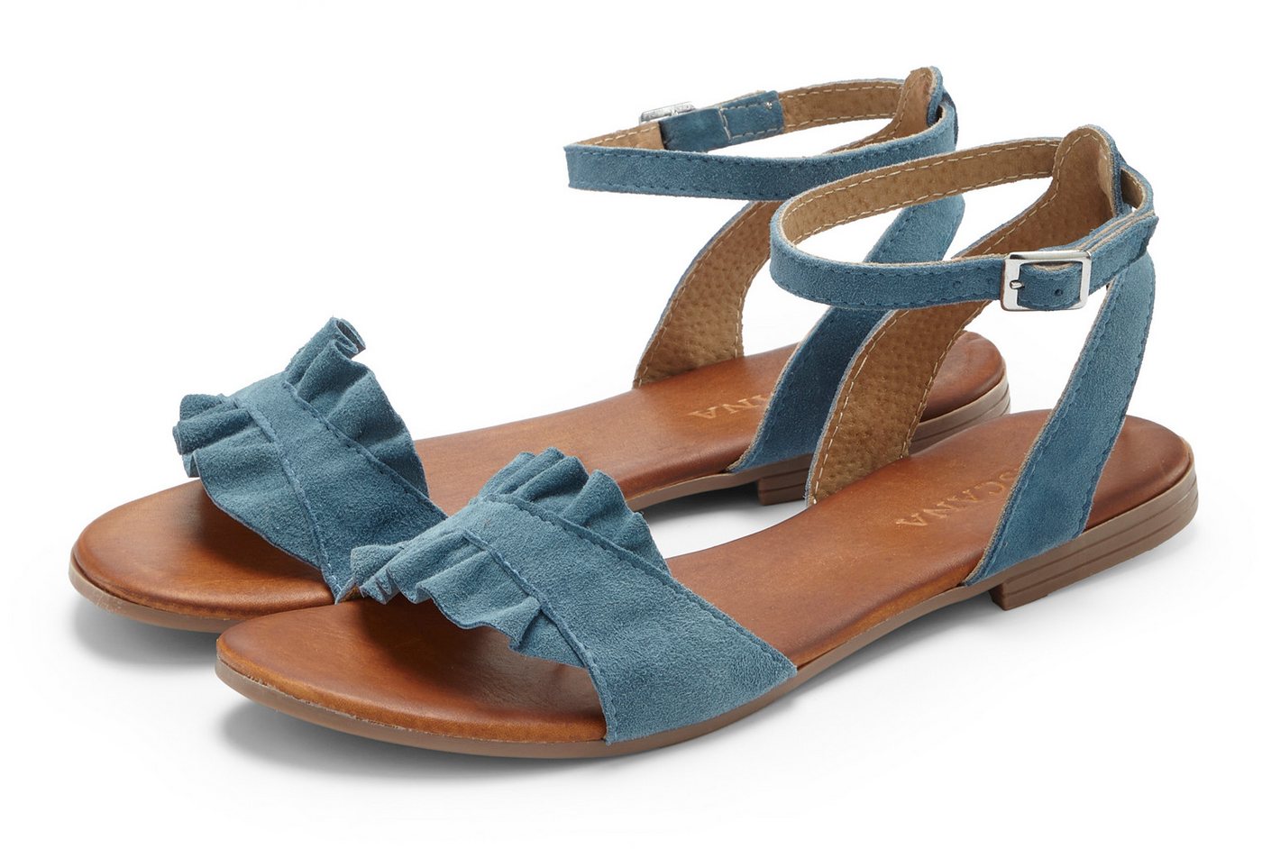 Lascana offener Schuh, Sandale Sandalette, Sommerschuh aus hochwertigem Leder mit kleinen Rüschen (blau)