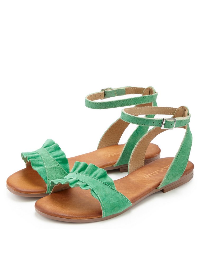 Lascana Sommerschuh Sandale Sandalette, Sommerschuh aus hochwertigem Leder mit kleinen Rüschen (grün)