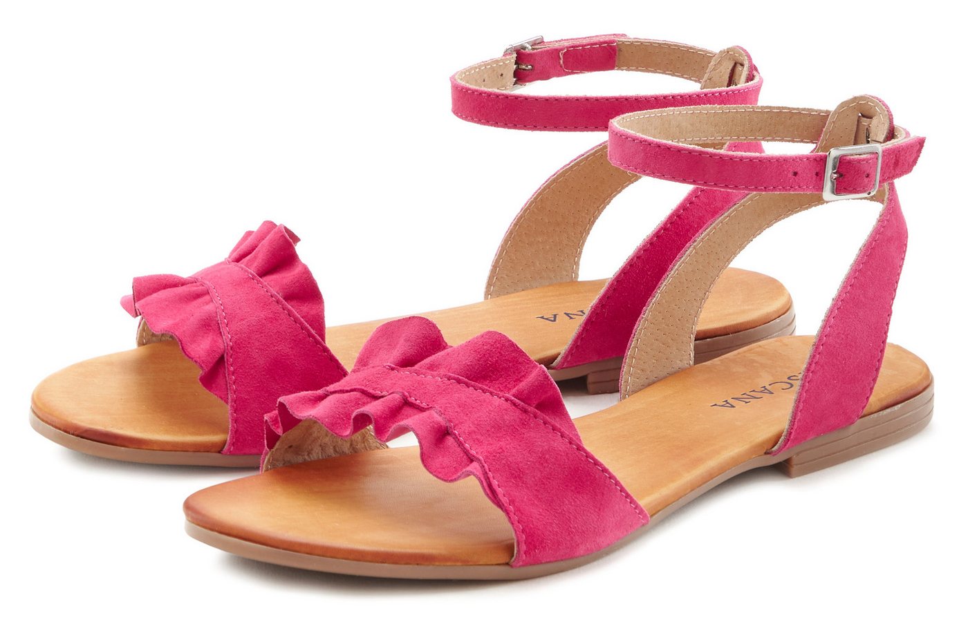 Lascana Sommerschuh Sandale Sandalette, Sommerschuh aus hochwertigem Leder mit kleinen Rüschen (rosa)