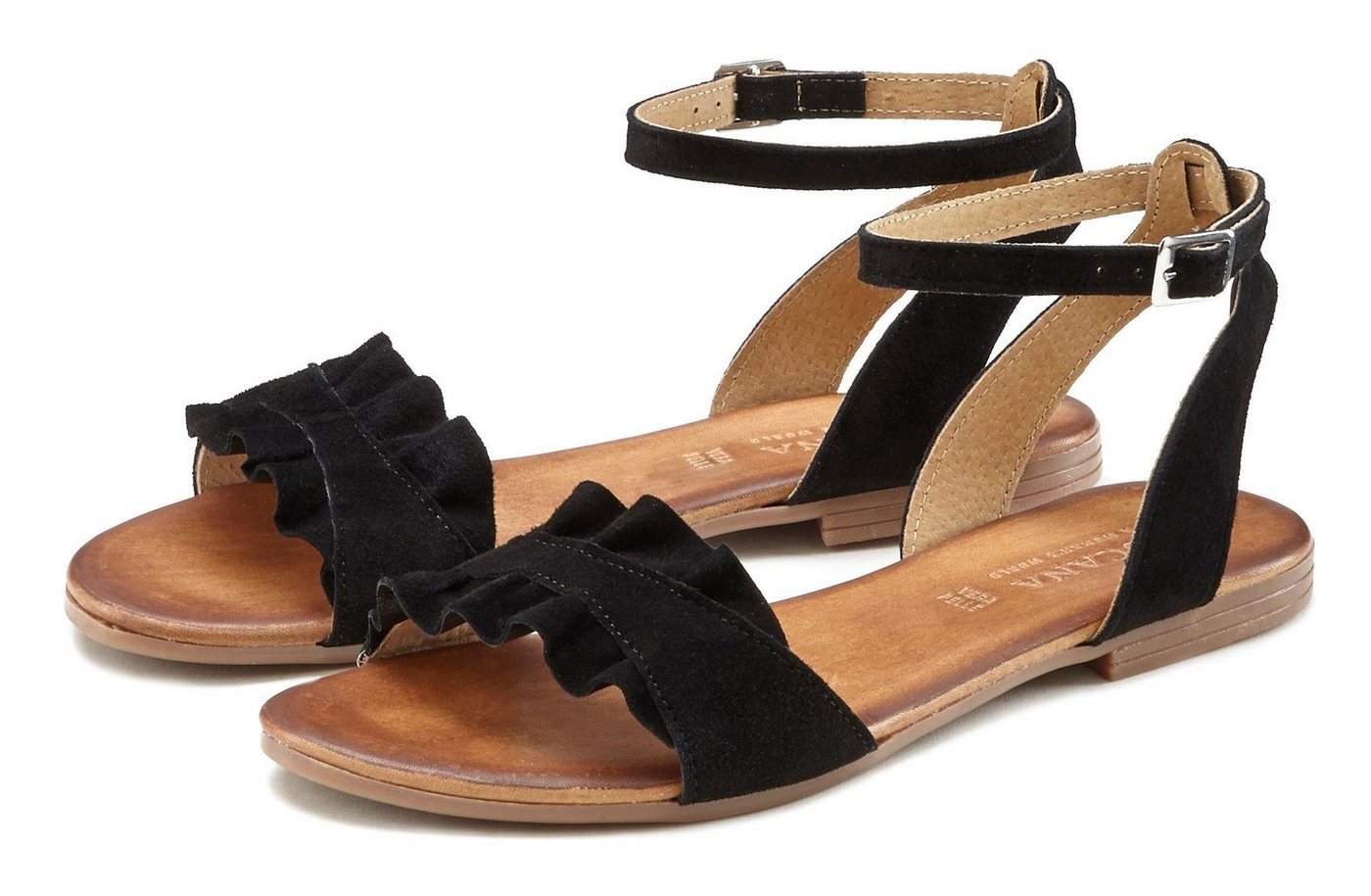 Lascana Sommerschuh Sandale Sandalette, Sommerschuh aus hochwertigem Leder mit kleinen Rüschen (schwarz)