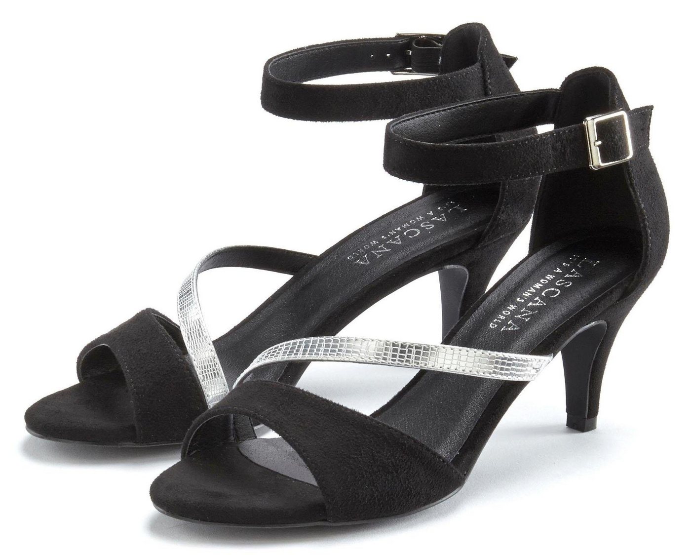 Lascana Sommerschuh Sandalette High-Heel-Sandalette,Riemchensandalette,Sommerschuh mit Riemchen VEGAN (schwarz/silber)