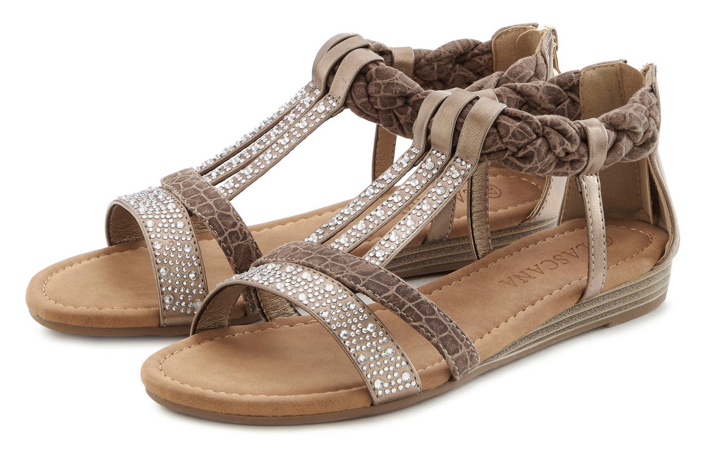 Lascana Sommerschuh, Sandalette Sandale mit Glitzersteinen und kleinem Keilabsatz im Festival-Look VEGAN (braun)