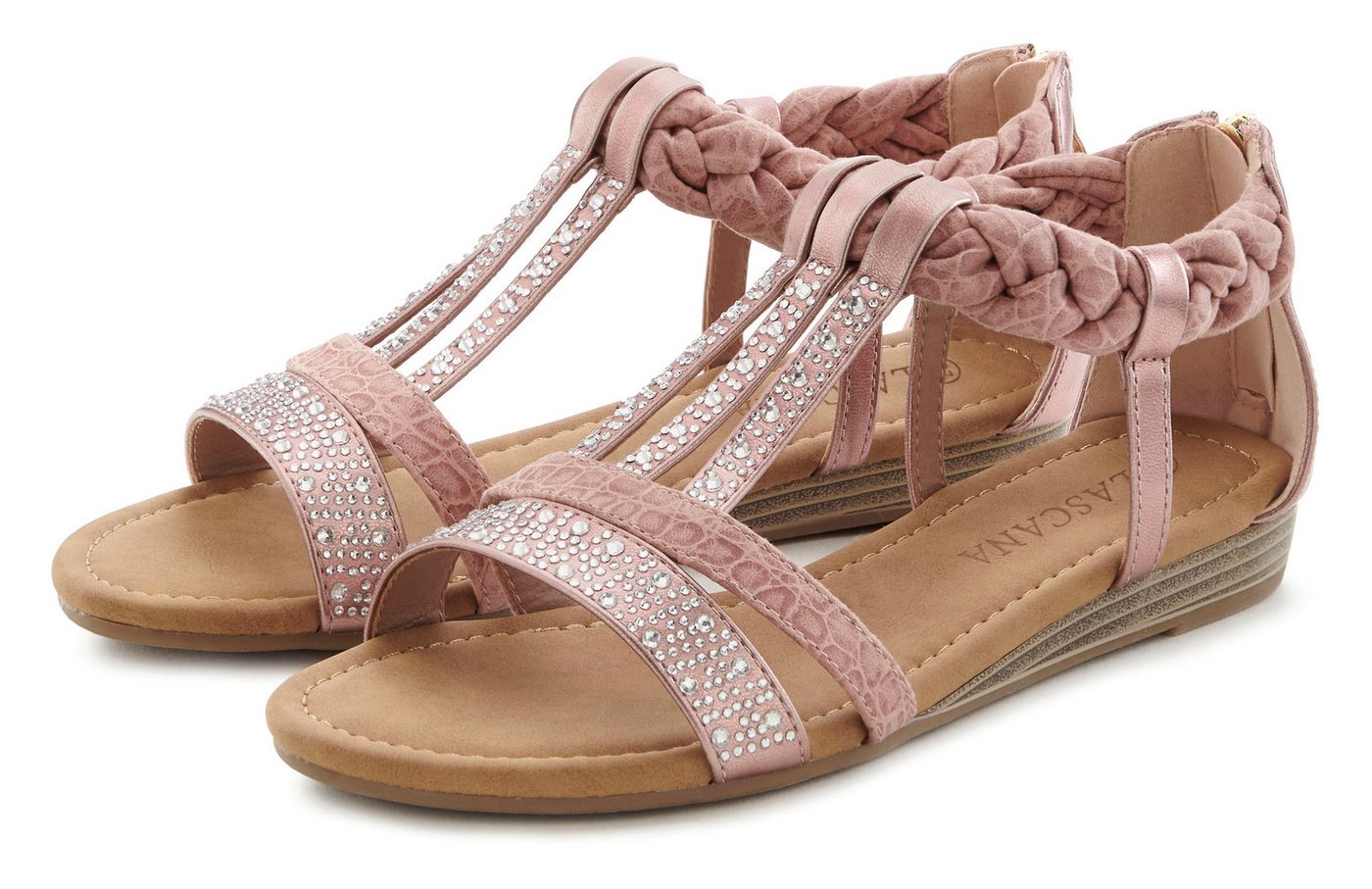 Lascana Sommerschuh, Sandalette Sandale mit Glitzersteinen und kleinem Keilabsatz im Festival-Look VEGAN (rosa)