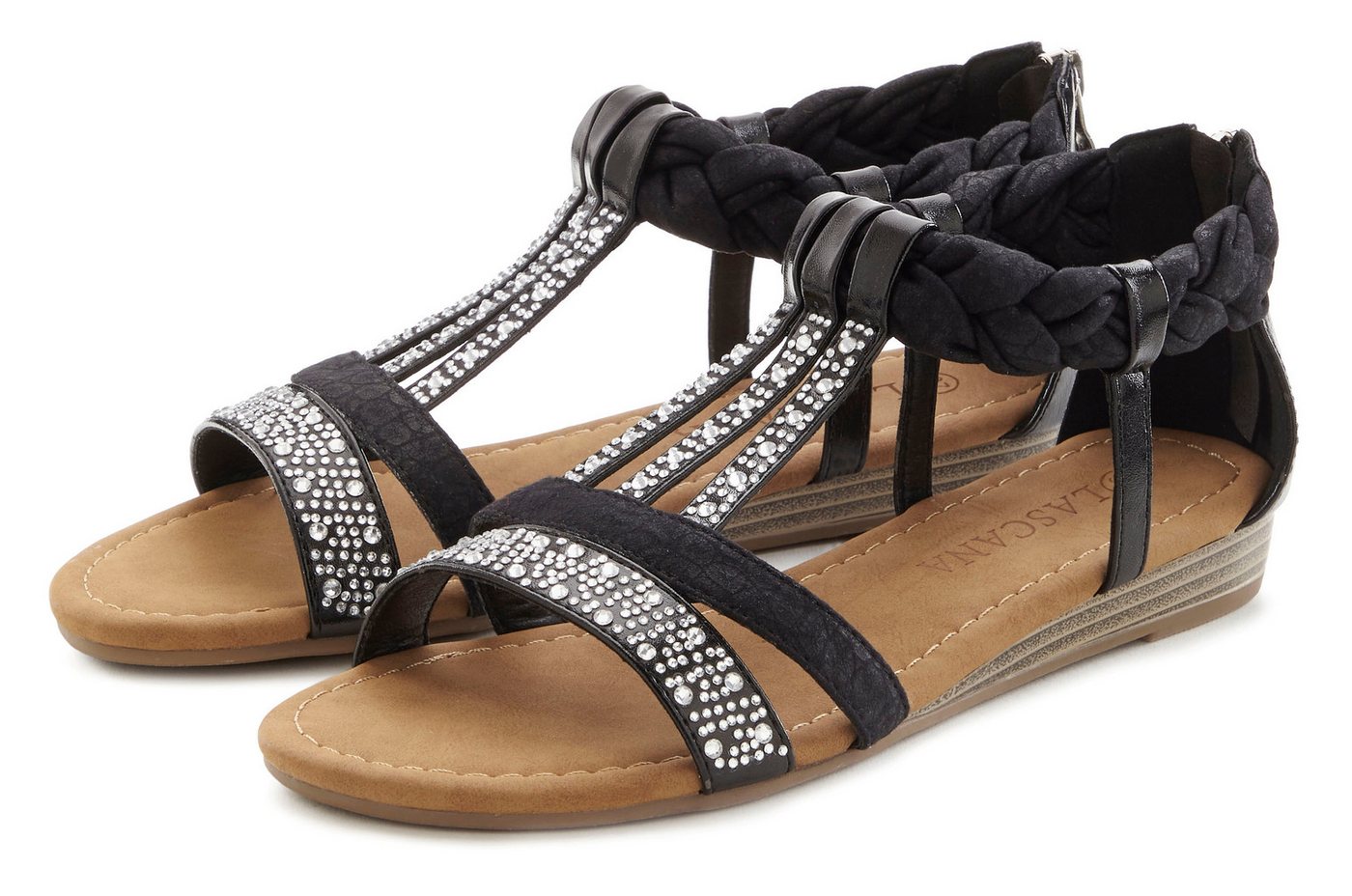 Lascana Sommerschuh, Sandalette Sandale mit Glitzersteinen und kleinem Keilabsatz im Festival-Look VEGAN (schwarz)