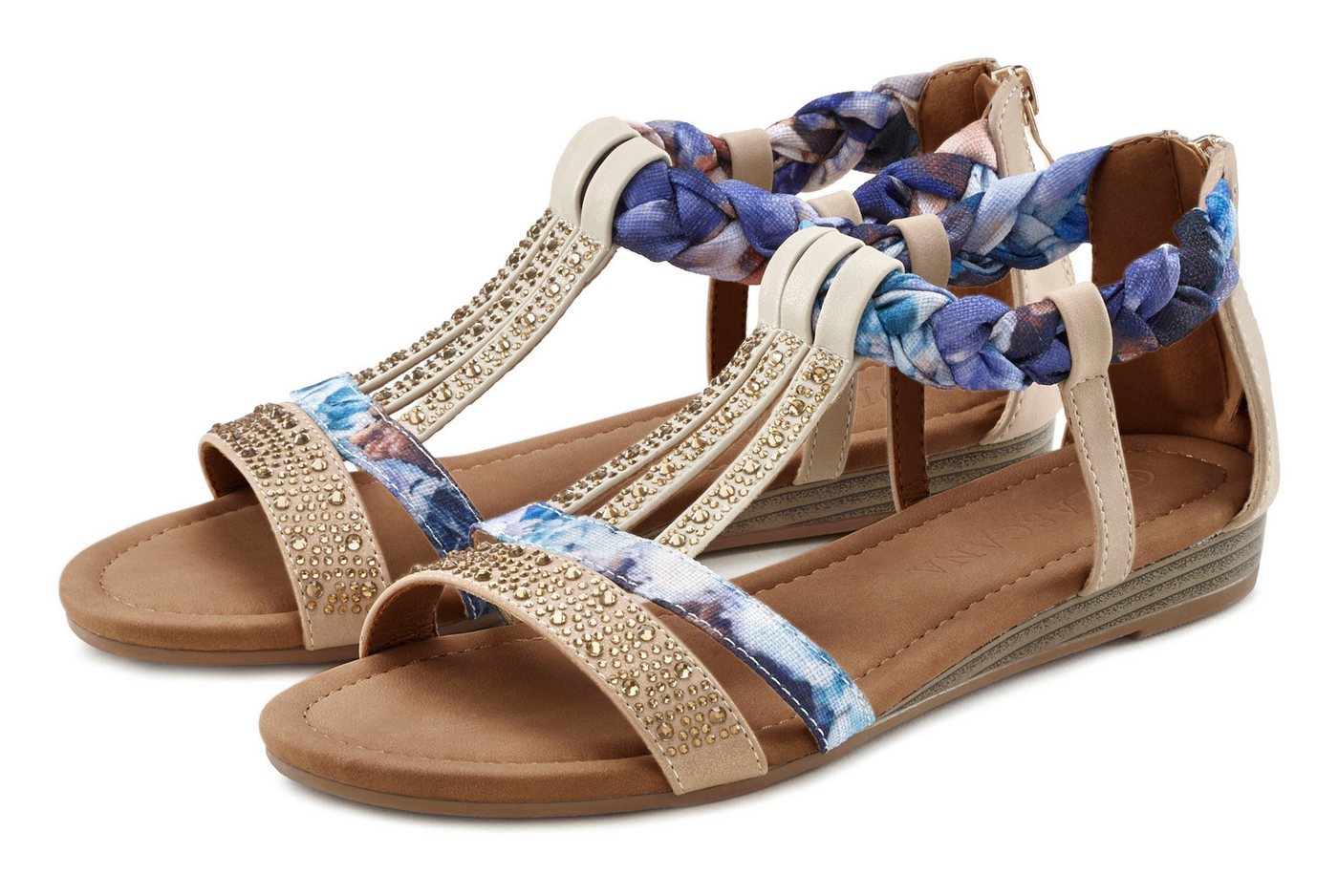 Lascana Sommerschuh, Sandalette, Sandale mit kleinem Keilabsatz, mit Reißverschluss an der Ferse (beige/blau)