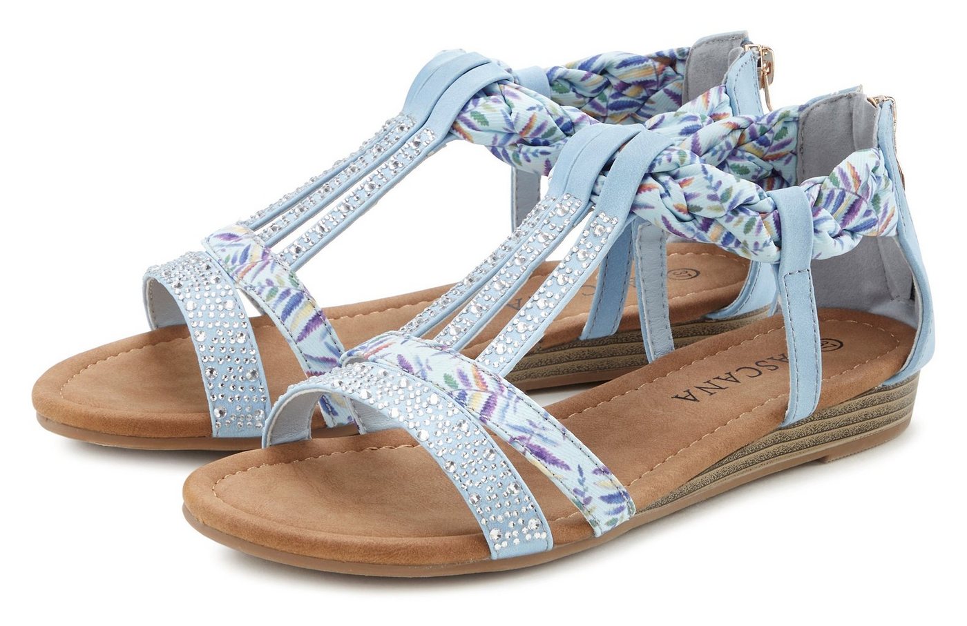 Lascana Sommerschuh, Sandalette, Sandale mit Verzierung und kleinem Keilabsatz im Festival-Look VEGAN (blau)