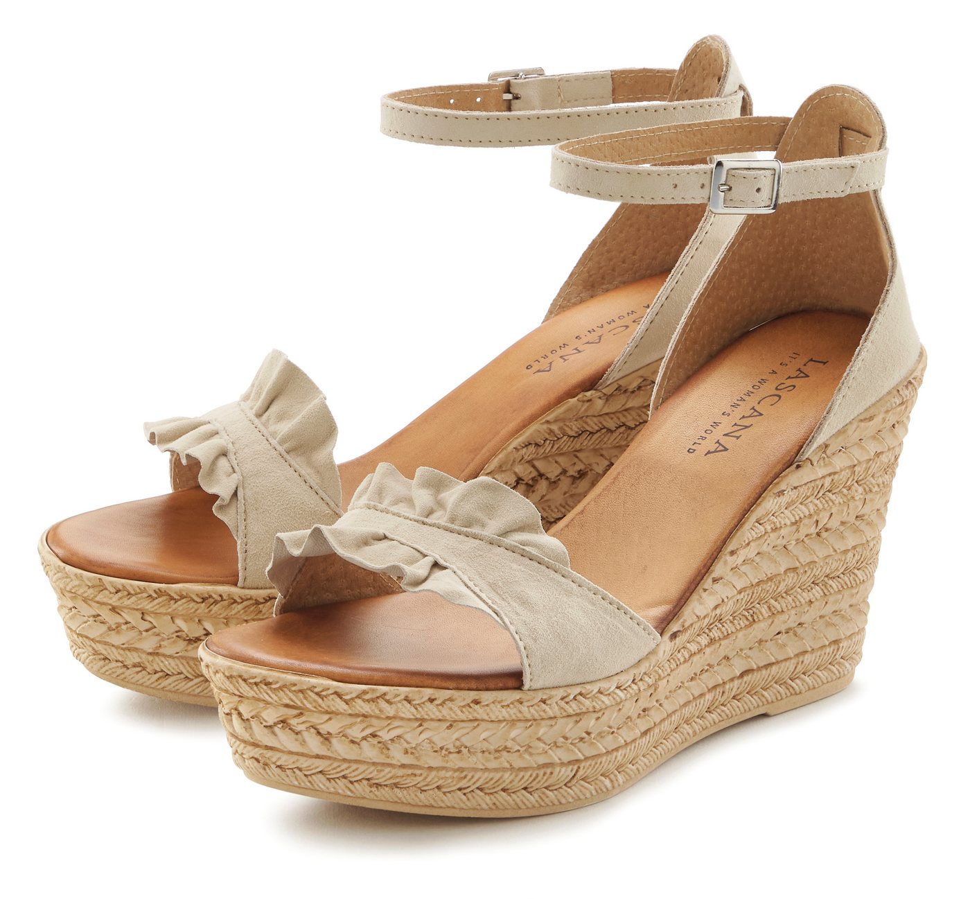 Lascana Sommerschuh, offener Schuh, Sandale, Keilsandalette, Sandalette aus Leder mit Keilabsatz (beige)