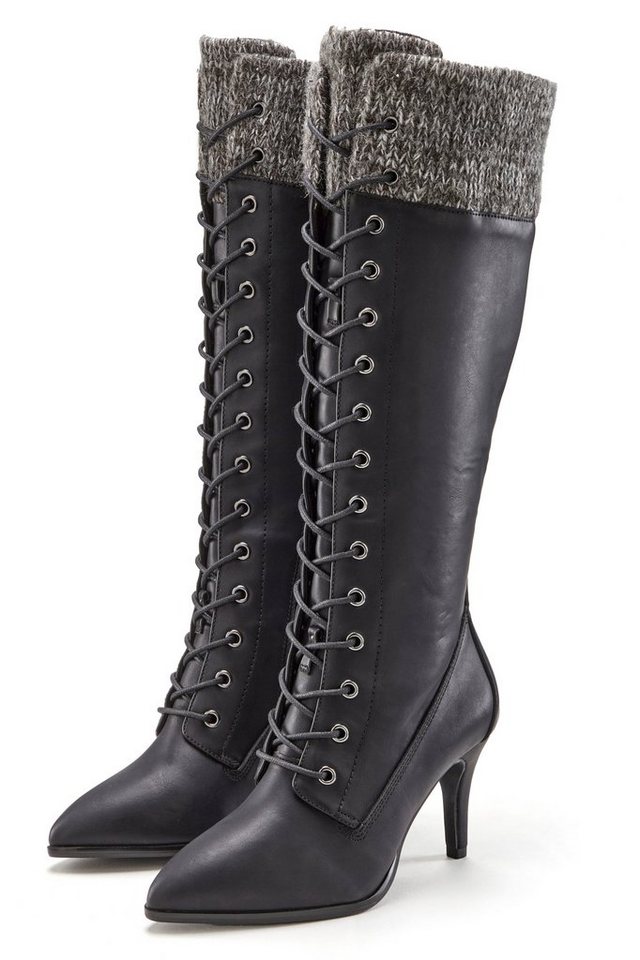 Lascana Stiefelette, Langer Stiefel Stiefel mit spitz zulaufender Form und Strickeinsatz (schwarz)