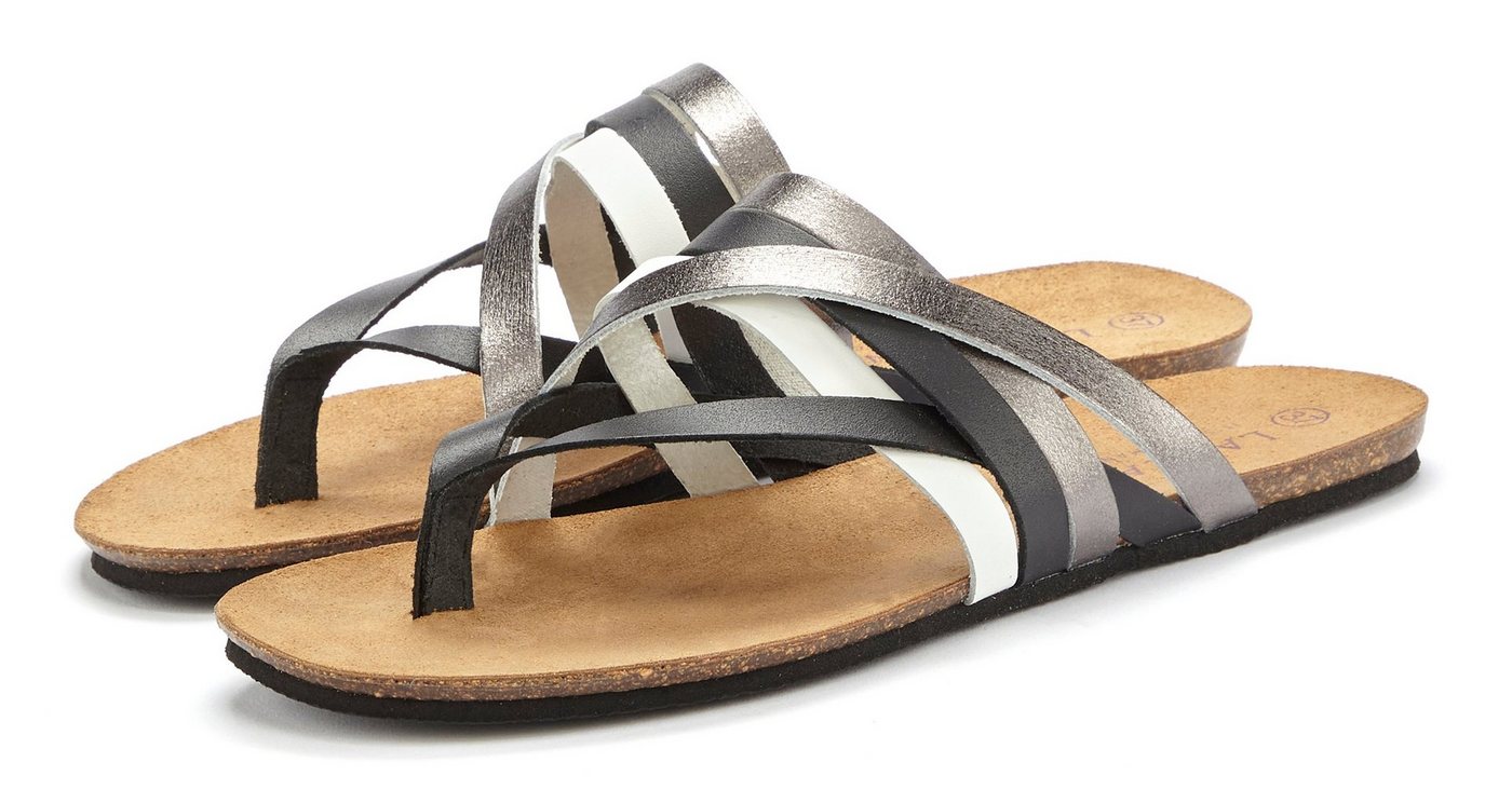 Lascana Zehentrenner Sandale, Pantolette aus Leder mit Korkfußbett (schwarz/silber)