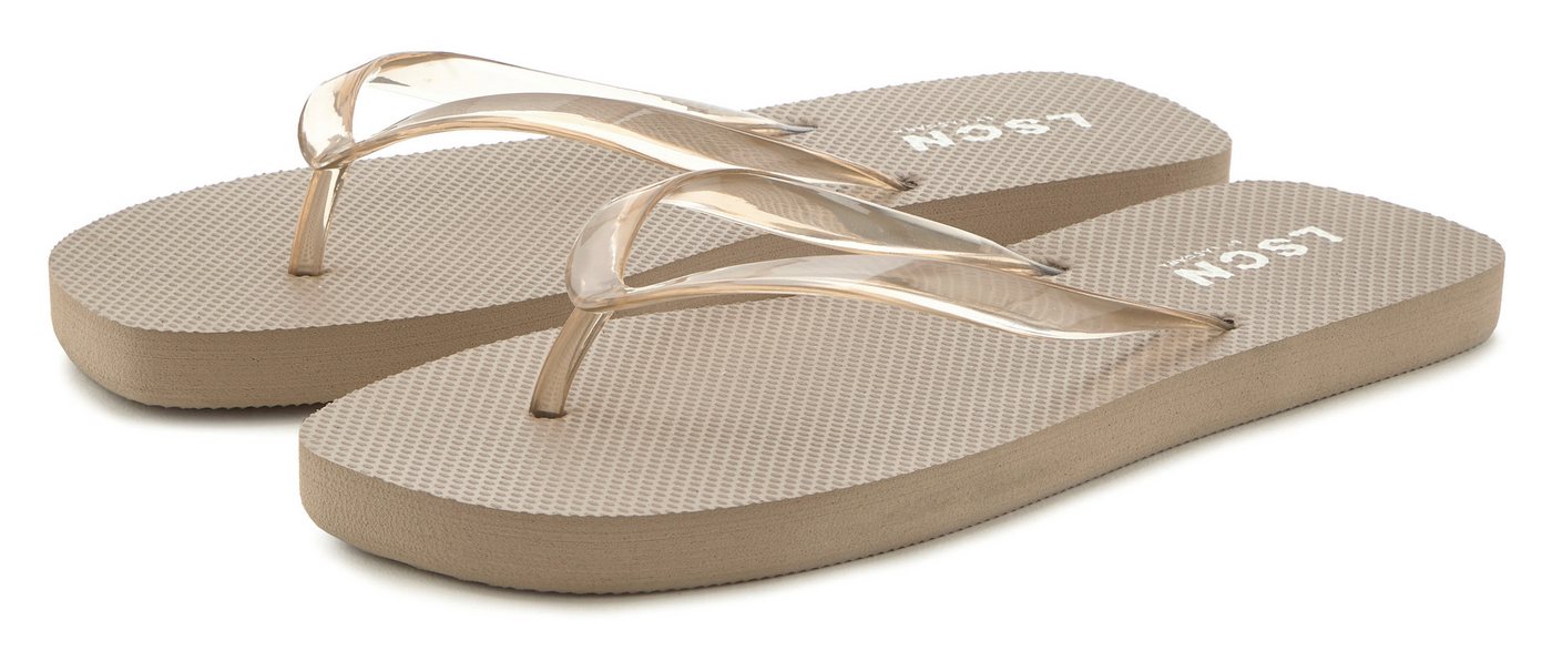 LSCN by LASCANA Flip-Flops, Badelatsche, Badeschuhe, Sandale, Pantolette, Badeschlappe Badezehentrenner NEU Zehentrenner, Sommerschuhe in modischer Karree-Form VEGAN (stone)
