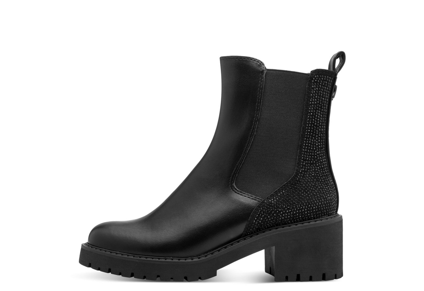 marco tozzi Chelseaboots, Blockabstz, Stiefelette mit funkelenden Strasssteinchen besetzt