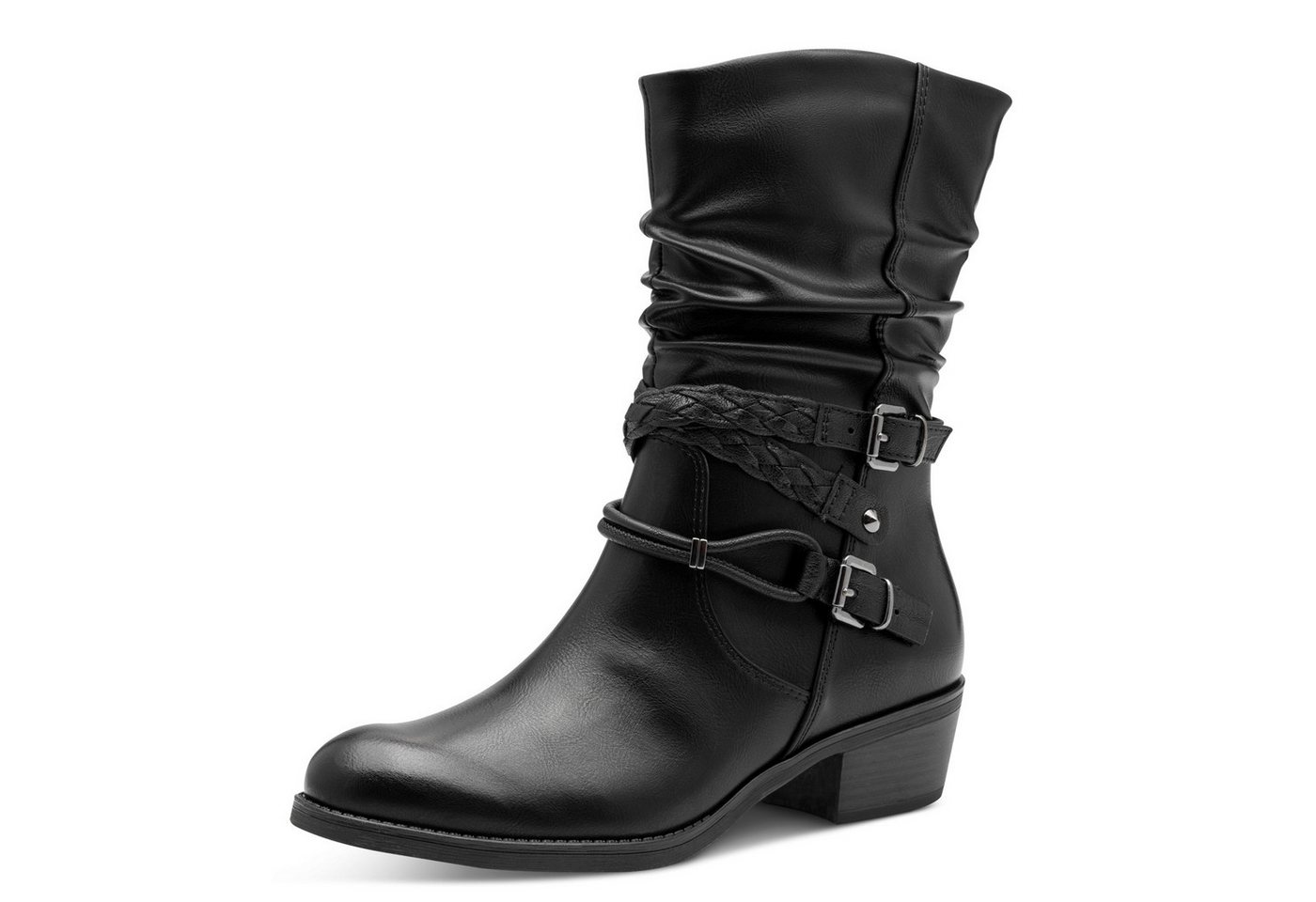 marco tozzi Cowboy Stiefelette, Blockabsatz, Kurzstiefel, Westernstiefelette mit Flecht-Zierriemchen (schwarz)