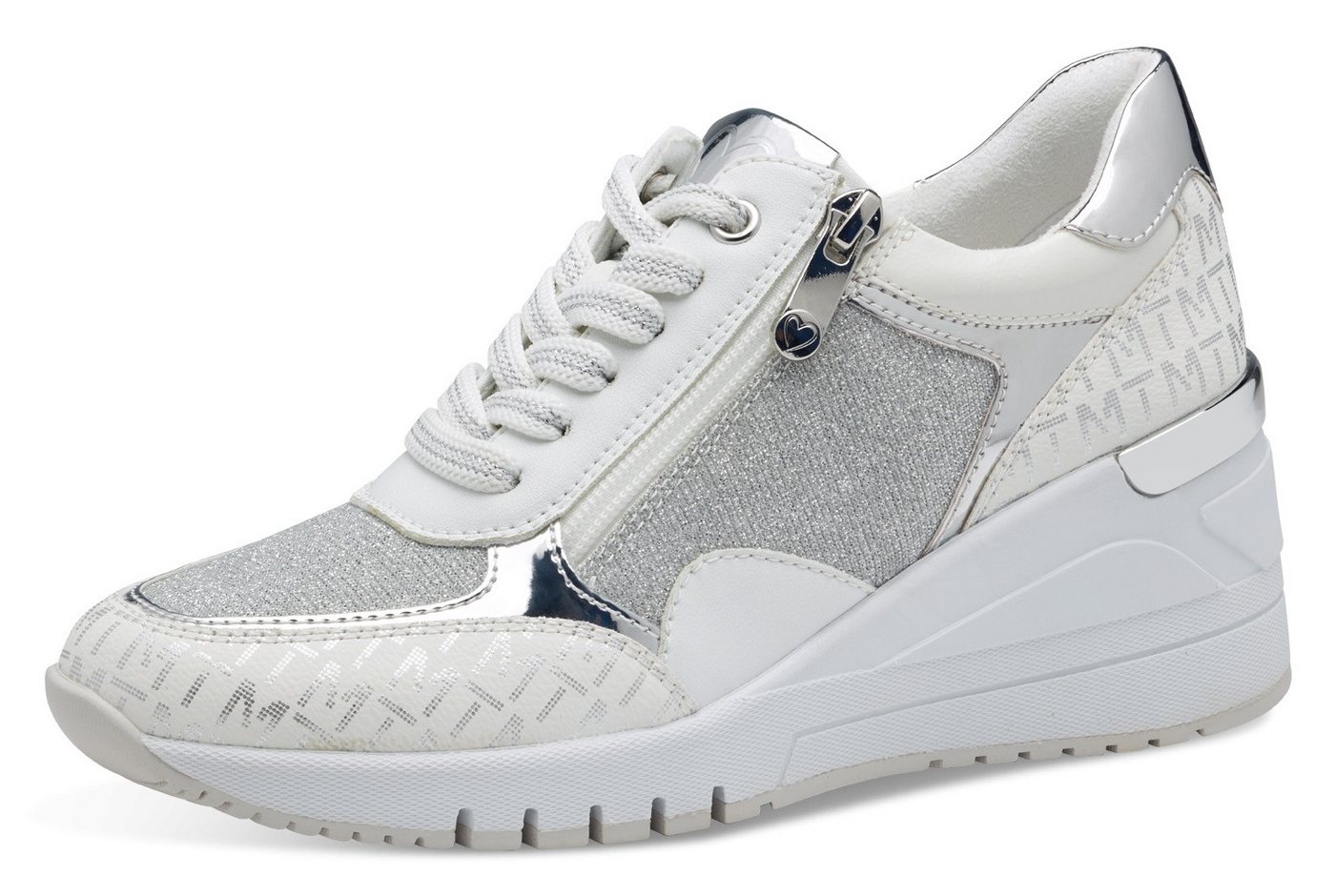 marco tozzi Keilsneaker, Freizeitschuh, Halbschuh, Schnürschuh in veganer Verarbeitung (silber/weiß)