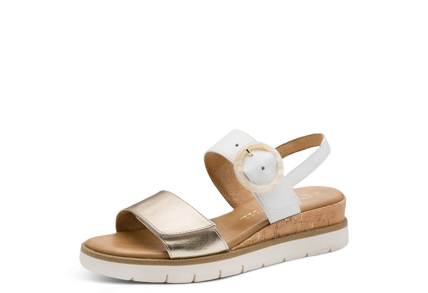 marco tozzi Keilsandalette Riemchensandale, Sommerschuh in veganer Verarbeitung (gold/weiß)
