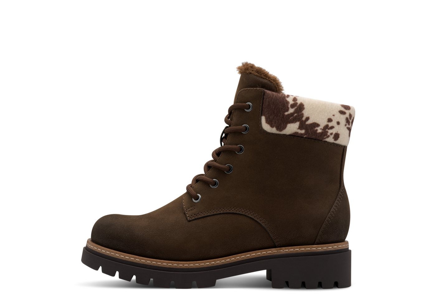 marco tozzi Winterboots, Blockabsatz, Schnürboots mit Kontrastbesatz mit Kuhmuster