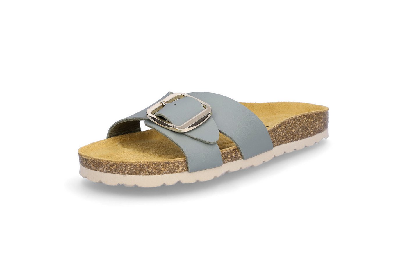 MIDS MAYLA Damen Pantolette olivgrün, Einriemer mit Lederfußbett, Korksohle und großer Schnalle