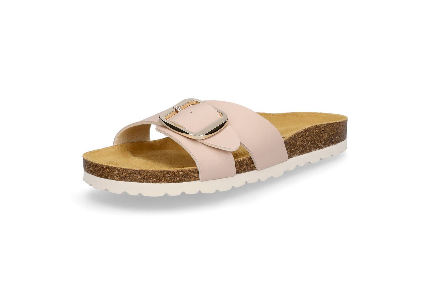 MIDS MAYLA Damen Pantolette rosa, Einriemer mit Lederfußbett, Korksohle und großer Schnalle