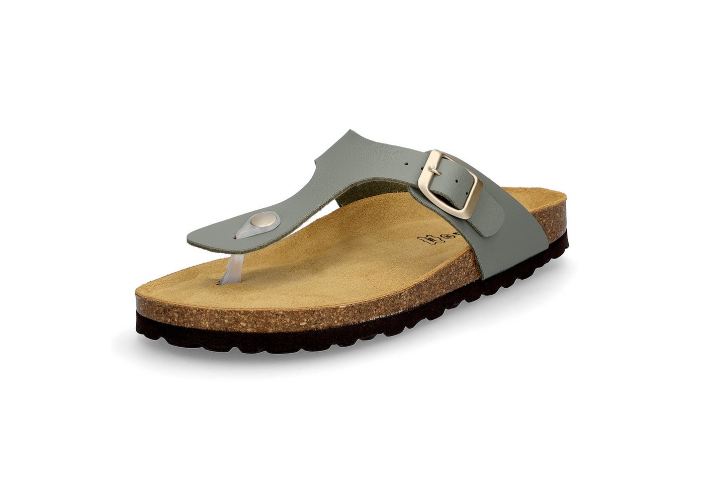 MIDS MIA Damen Pantolette olivgrün, Zehentrenner mit Lederfußbett, Schnalle und Korksohle