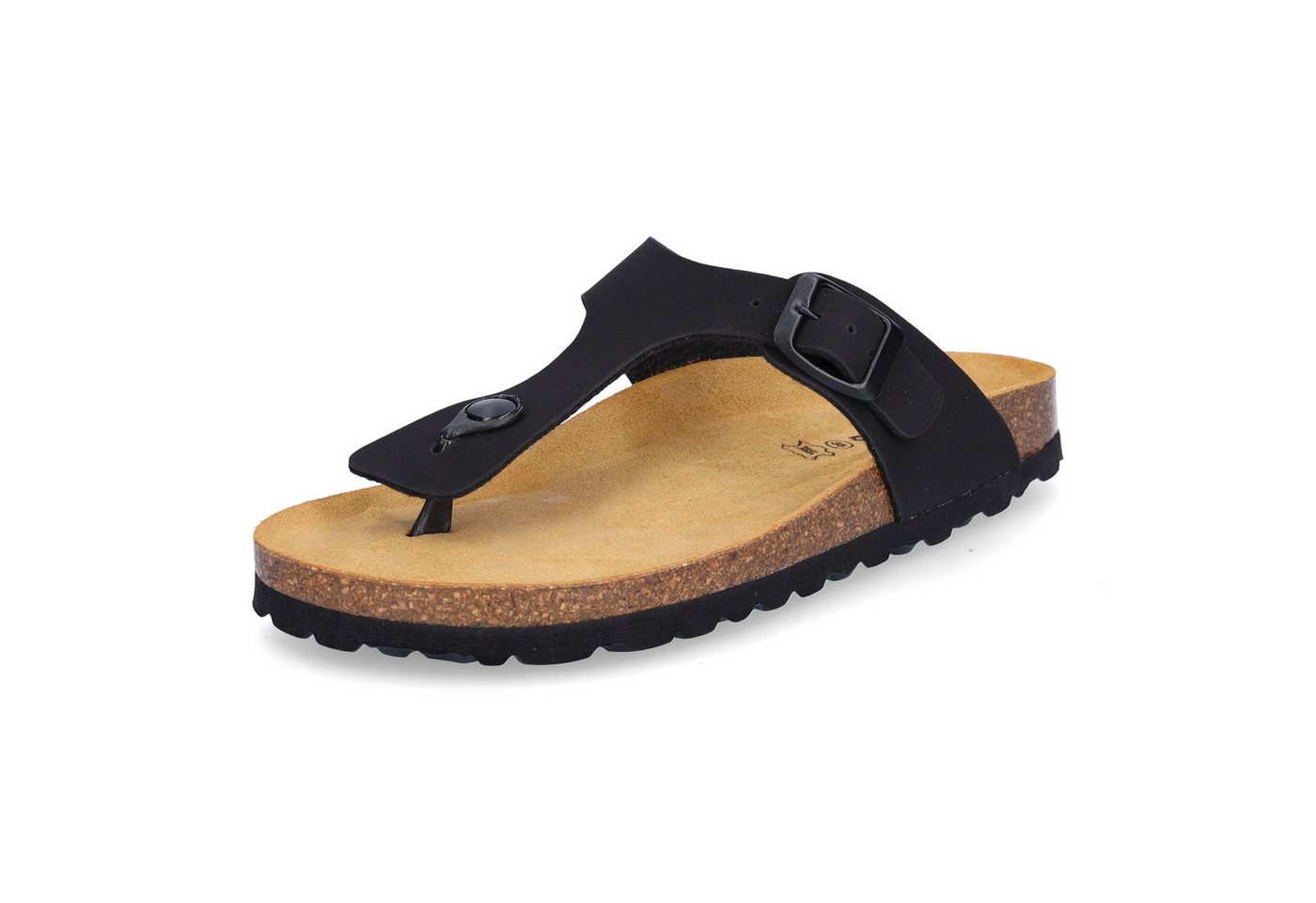 MIDS MIA Damen Pantolette schwarz, Zehentrenner mit Lederfußbett, Schnalle und Korksohle