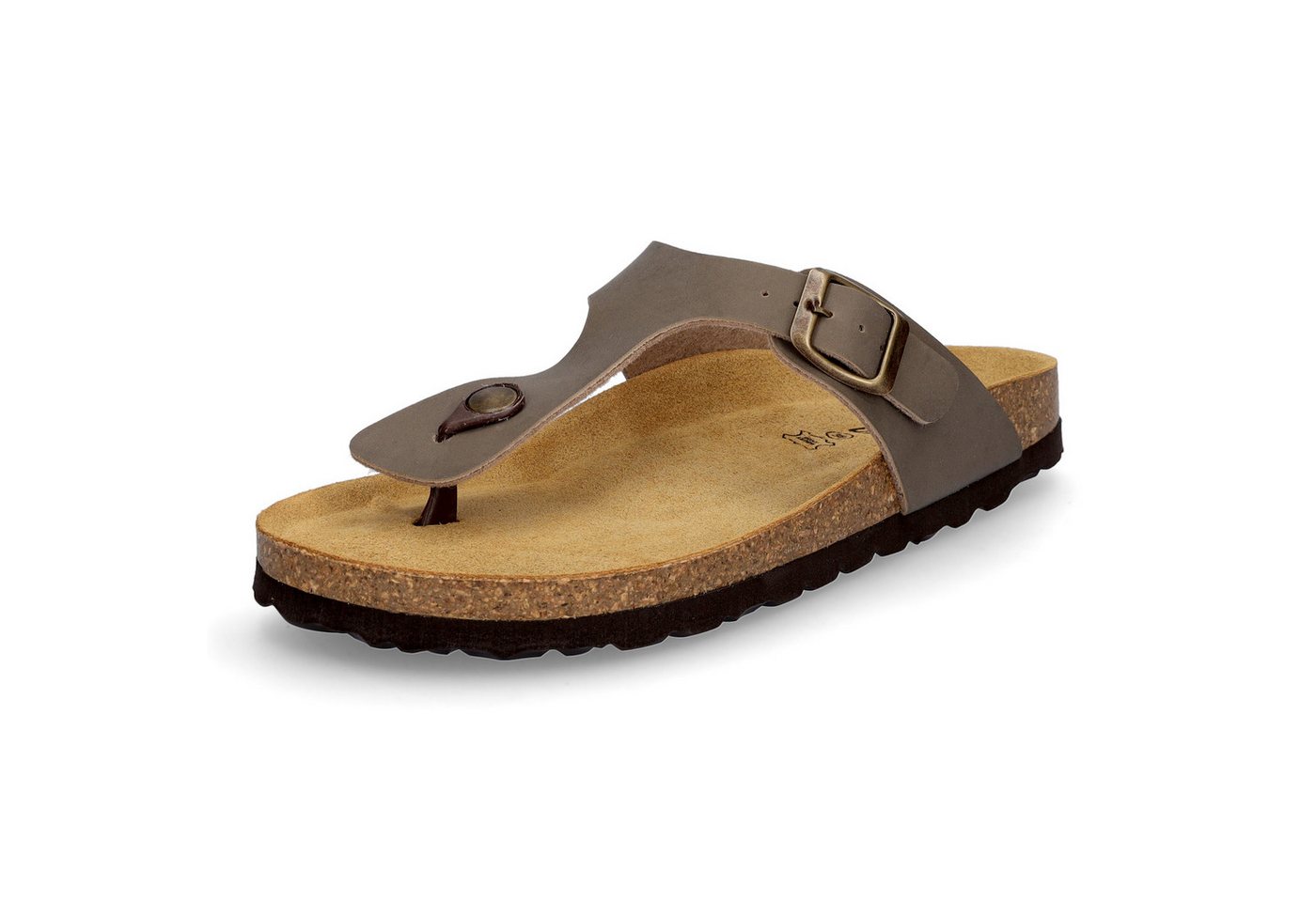 MIDS MIA Damen Pantolette taupe, Zehentrenner mit Lederfußbett, Schnalle und Korksohle
