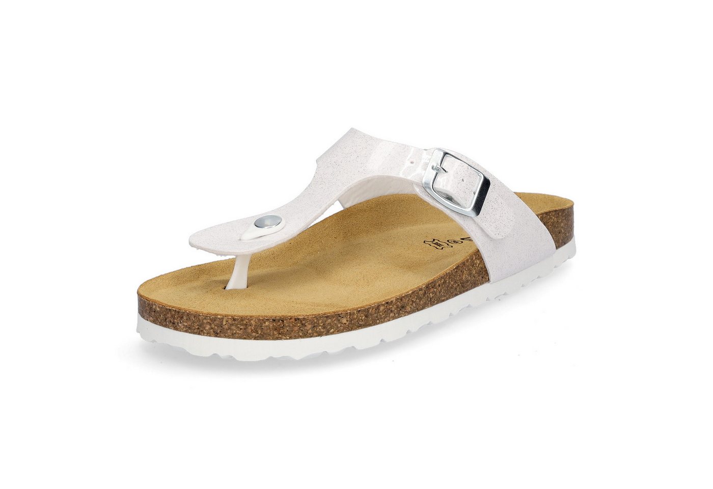 MIDS MIA Damen Pantolette weiß Glitzer, Zehentrenner mit Lederfußbett, Schnalle und Korksohle