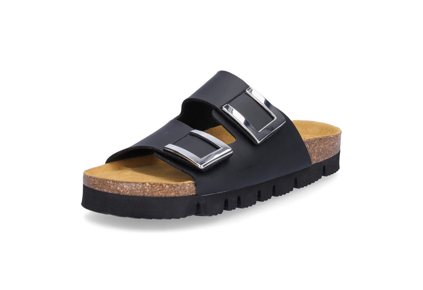 MIDS MIKA Damen Pantolette schwarz, Zweiriemer mit verstellbarem Klettverschluss & Lederfußbett