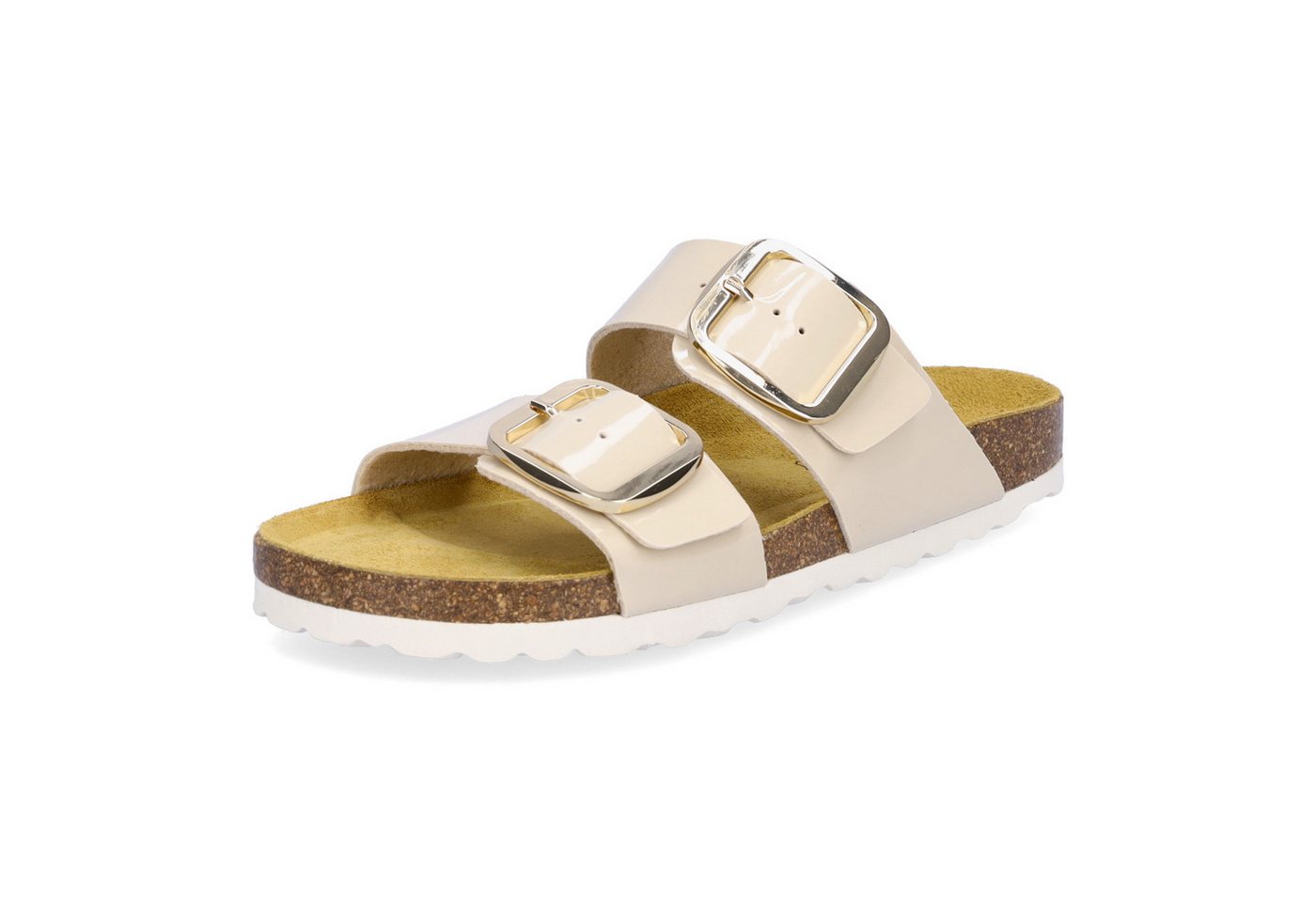 MIDS MIMI Damen Pantolette beige, Zweiriemer in Lackoptik mit großer Schnalle und Lederfußbett