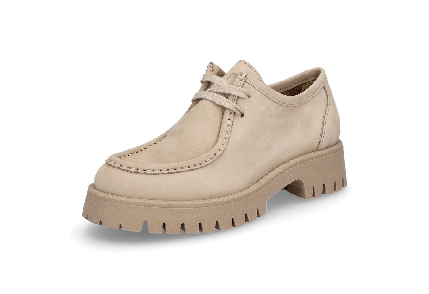 MIDS MINKA Damen Schnürschuh sand aus Nubukleder mit Mokassinnaht, Blockabsatz & Profilsohle