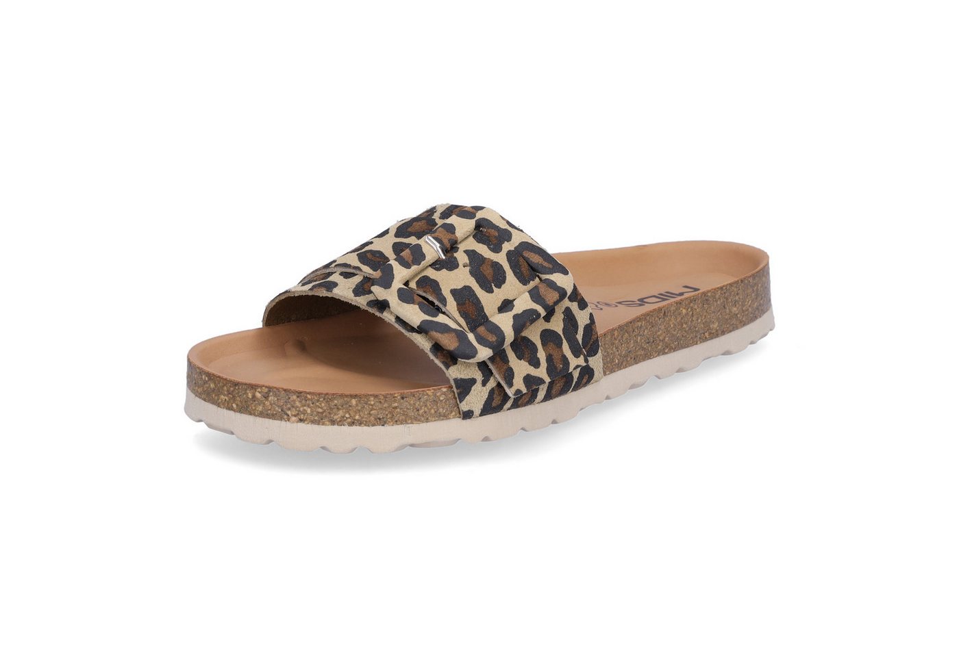 MIDS MINTA Damen Pantolette leo Animalprint, Einriemer mit Lederfußbett, Korksohle & Schnalle
