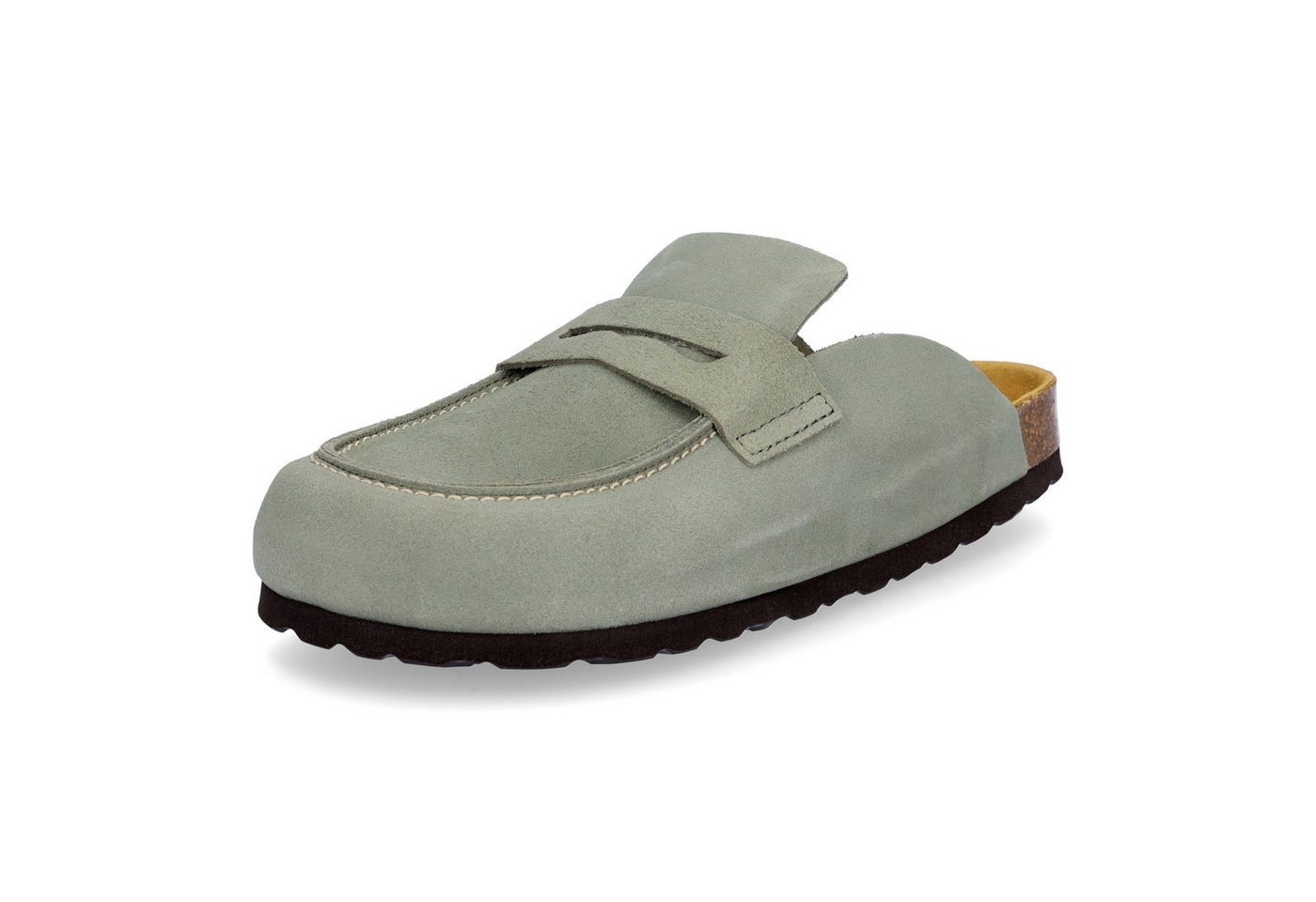 MIDS MIONA Damen Pantolette oliv, Velourleder Clog im Mule-Stil mit ergonomischem Lederfußbett
