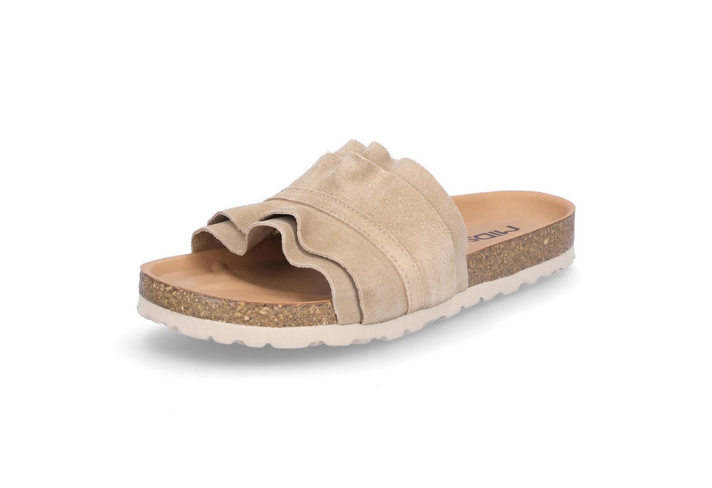 MIDS MIRABEL Damen Pantolette beige aus Velourleder mit Rüschenriemen, Lederfußbett & Korksohle