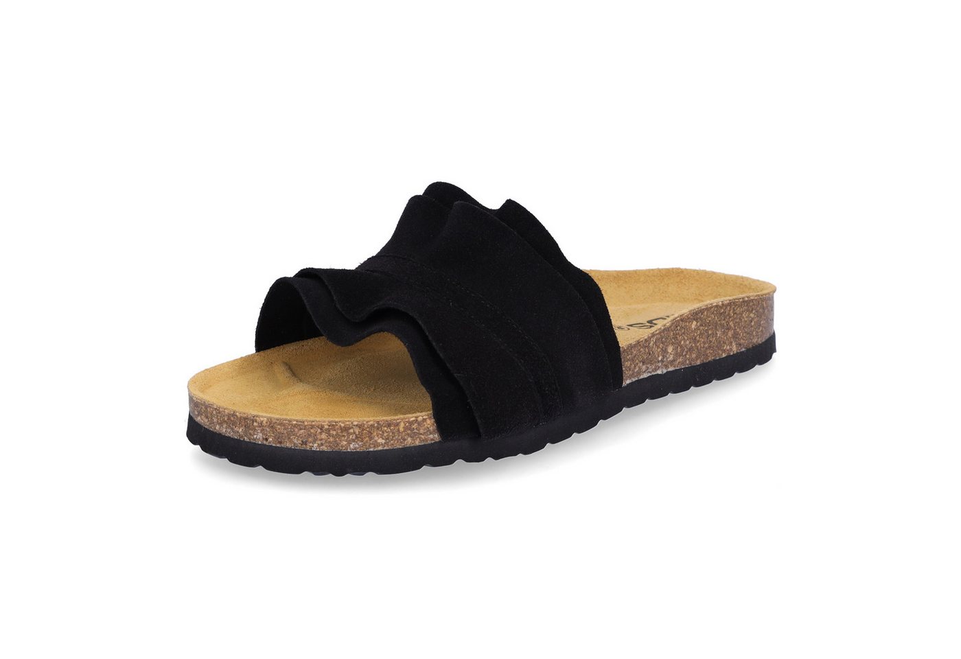 MIDS MIRABEL Damen Pantolette schwarz aus Velourleder mit Rüschenriemen, Lederfußbett & Korksohle