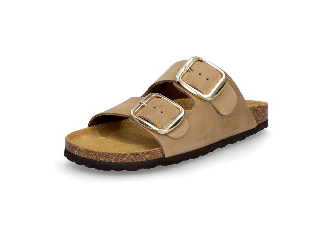MIDS MIRI Damen Pantolette beige, Zweiriemer mit ergonomischem Lederfußbett & großer Schnalle