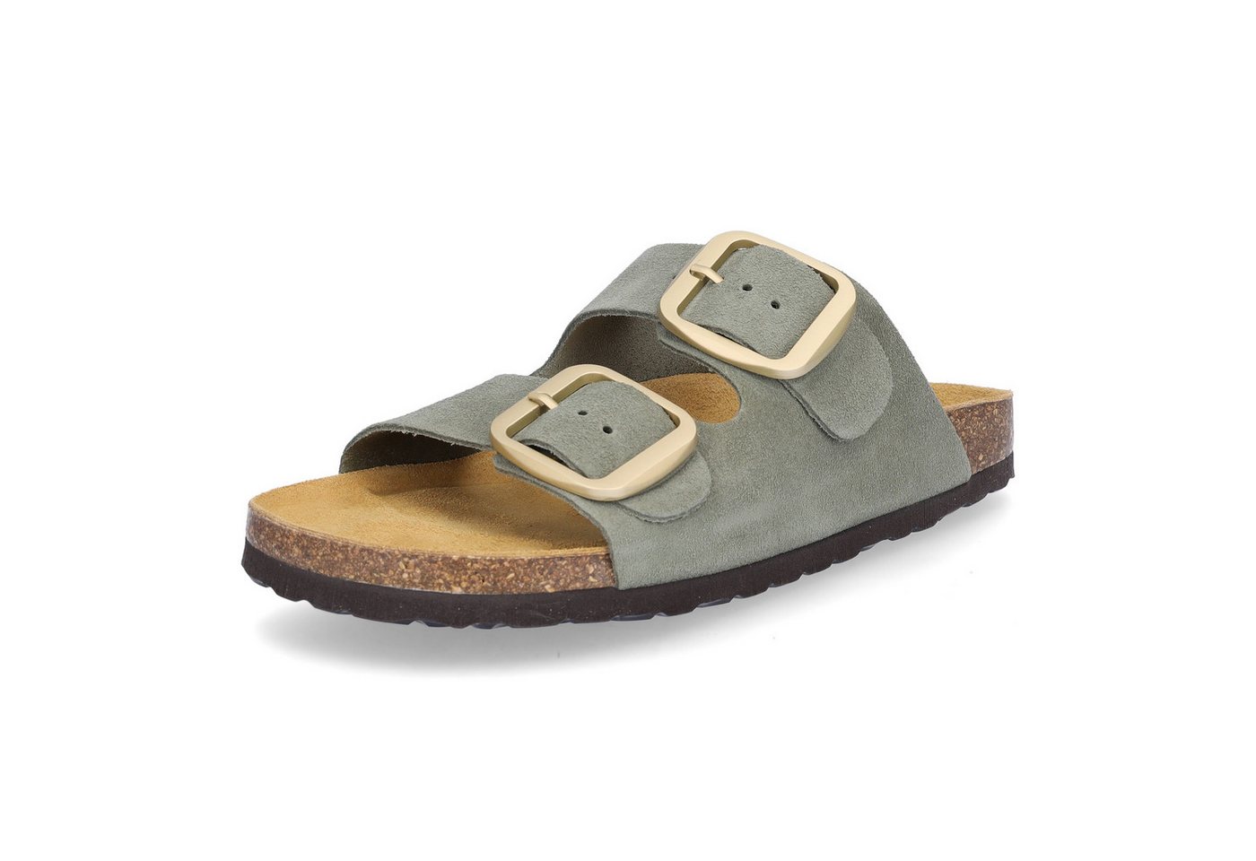 MIDS MIRI Damen Pantolette olivgrün, Zweiriemer mit ergonomischem Lederfußbett & großer Schnalle