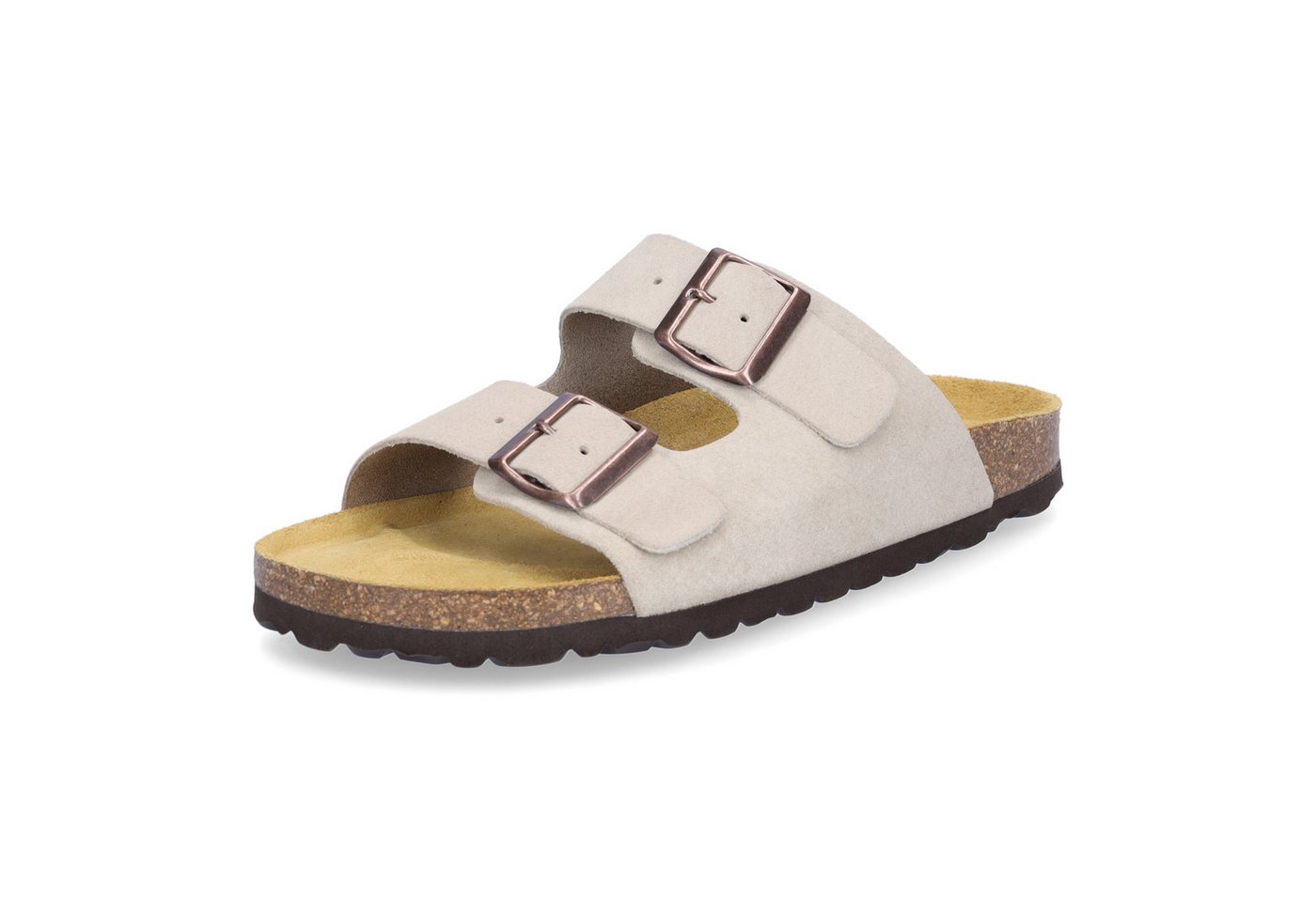 MIDS MOMO Damen Pantolette beige aus Velourleder, Zweiriemer mit ergonomischem Fußbett & Schnalle
