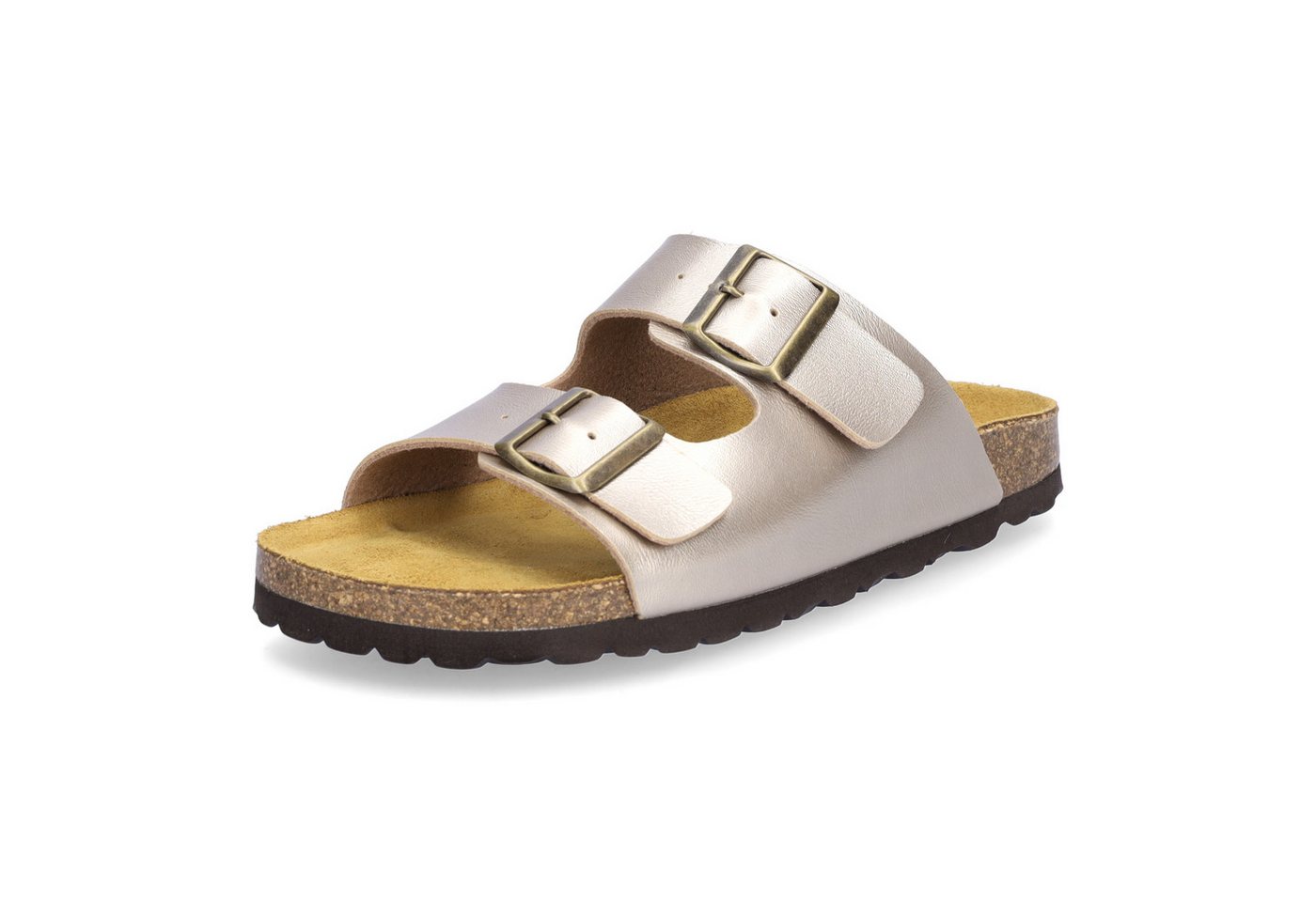 MIDS MOMO Damen Pantolette gold, Zweiriemer mit ergonomischem Fußbett, Korkumrandung und Schnalle