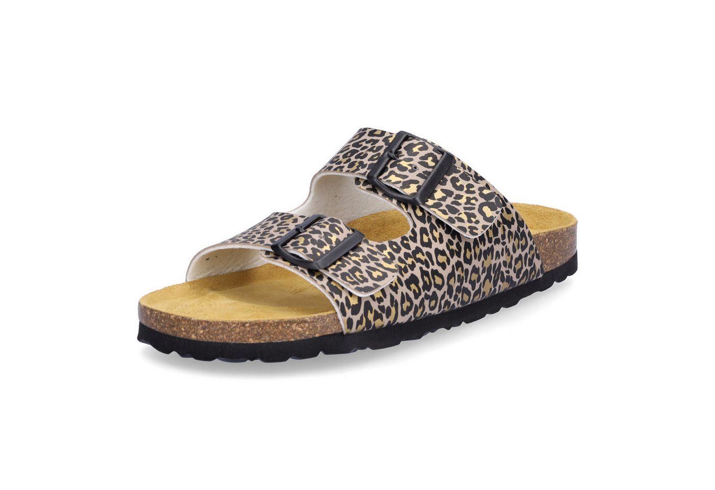 MIDS MOMO Damen Pantolette leo Animalprint, Zweiriemer mit ergonomischem Fußbett & Schnallen