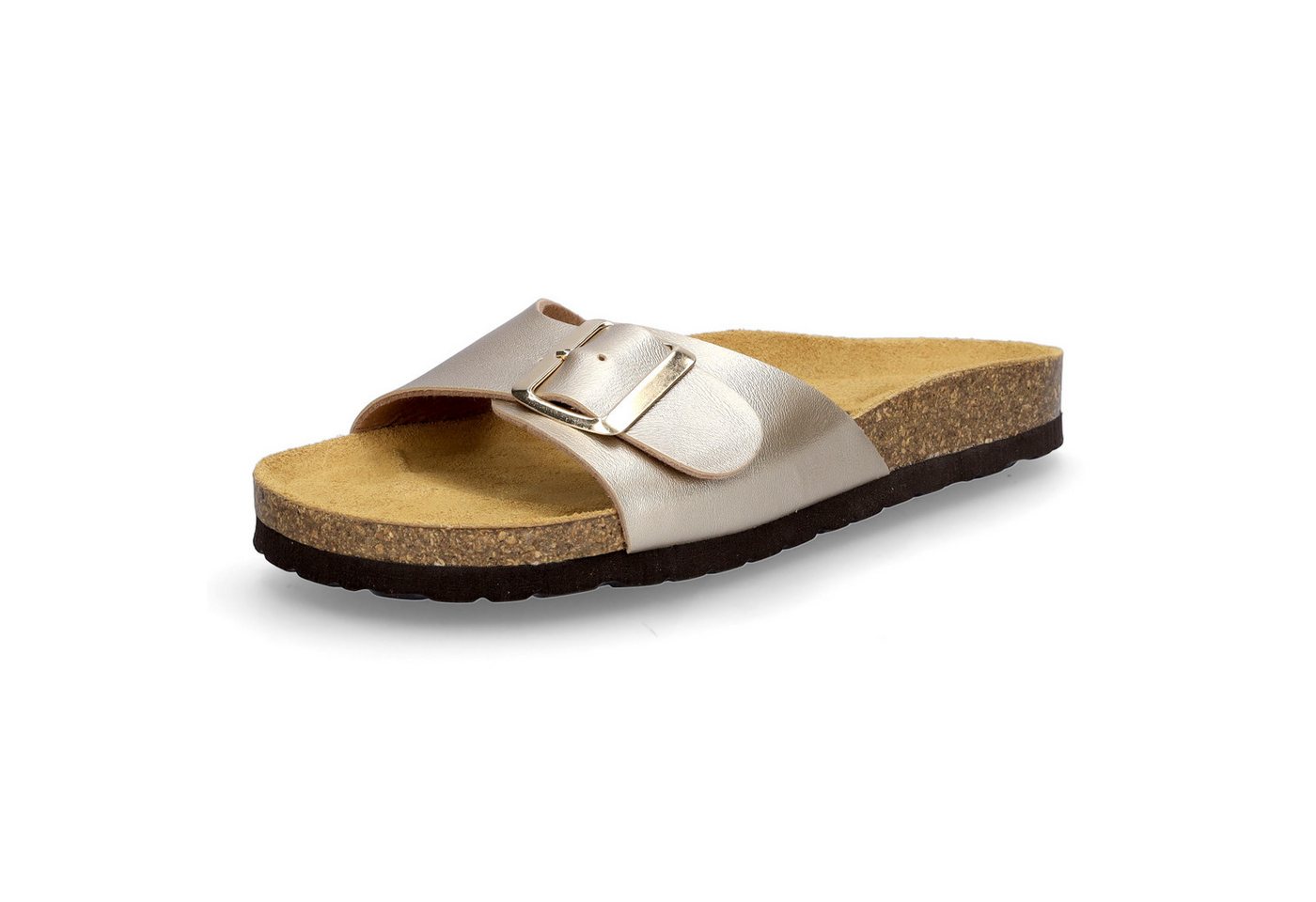 MIDS MONA Damen Pantolette gold, Einriemer mit Lederfußbett, Korksohle und verstellbarer Schnalle